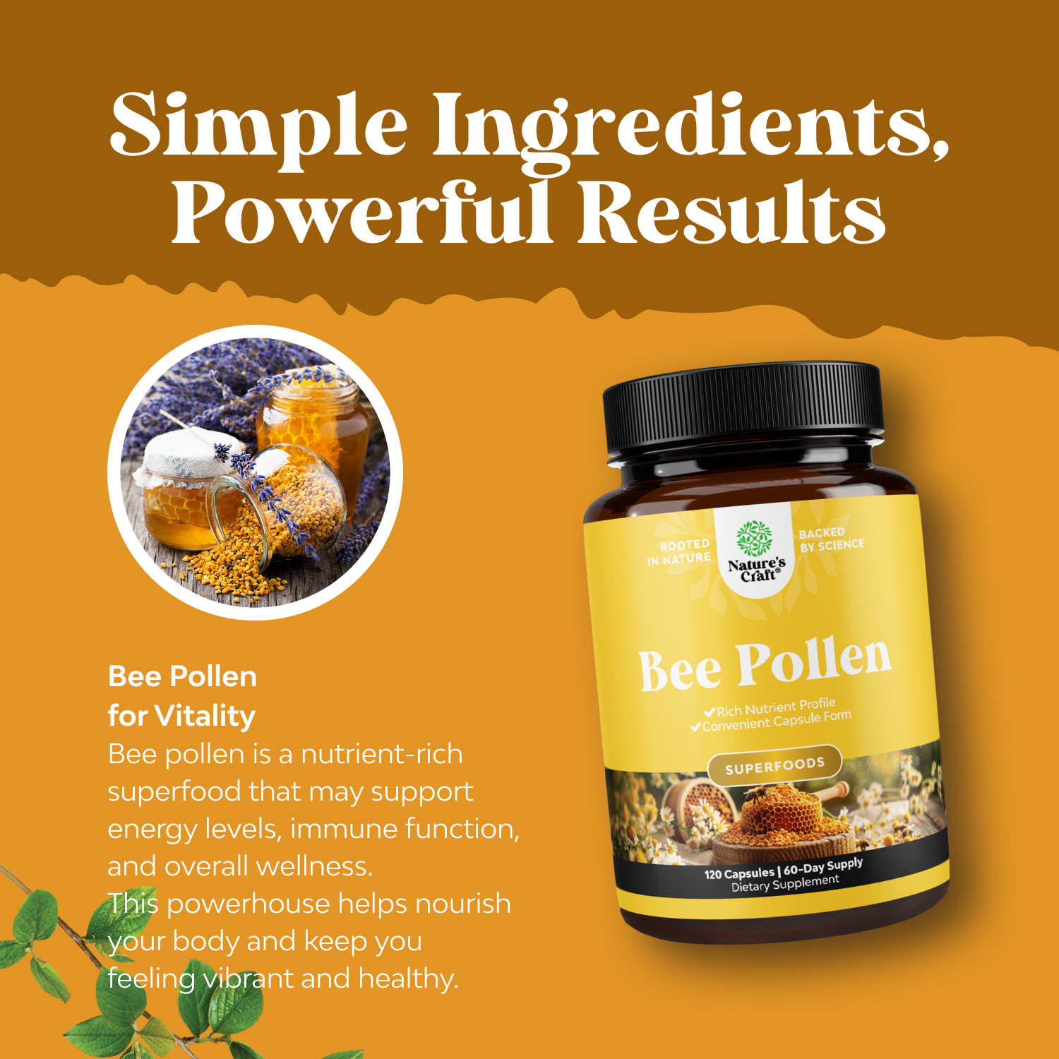 Bee Pollen Supplement 1000mg per Serving – Pure Vegetarian Gluten-Free 120ct