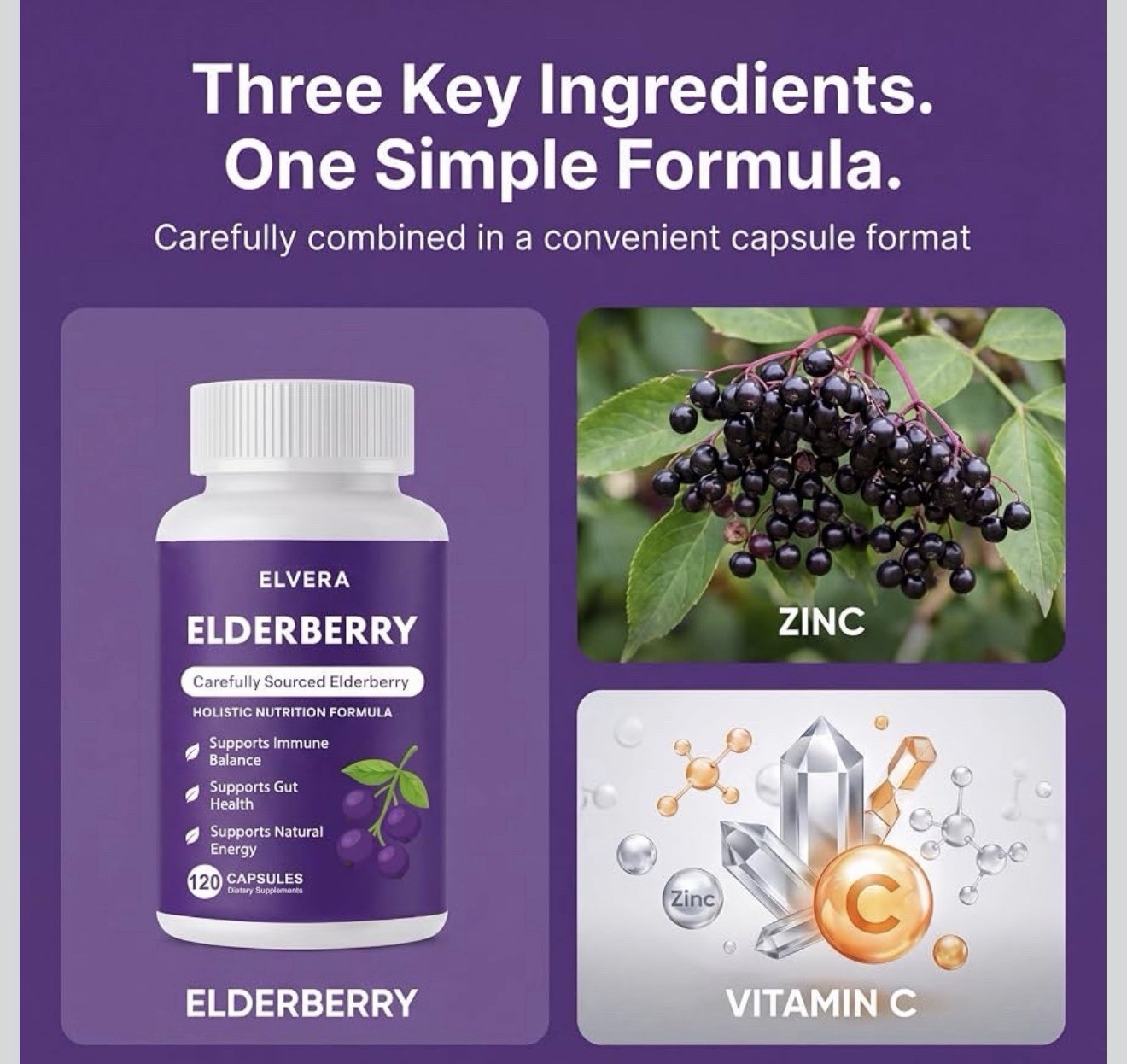 ELVERA Elderberry Capsules w/ Zinc & Vitamin C Vegan Non-GMO 120 Ct