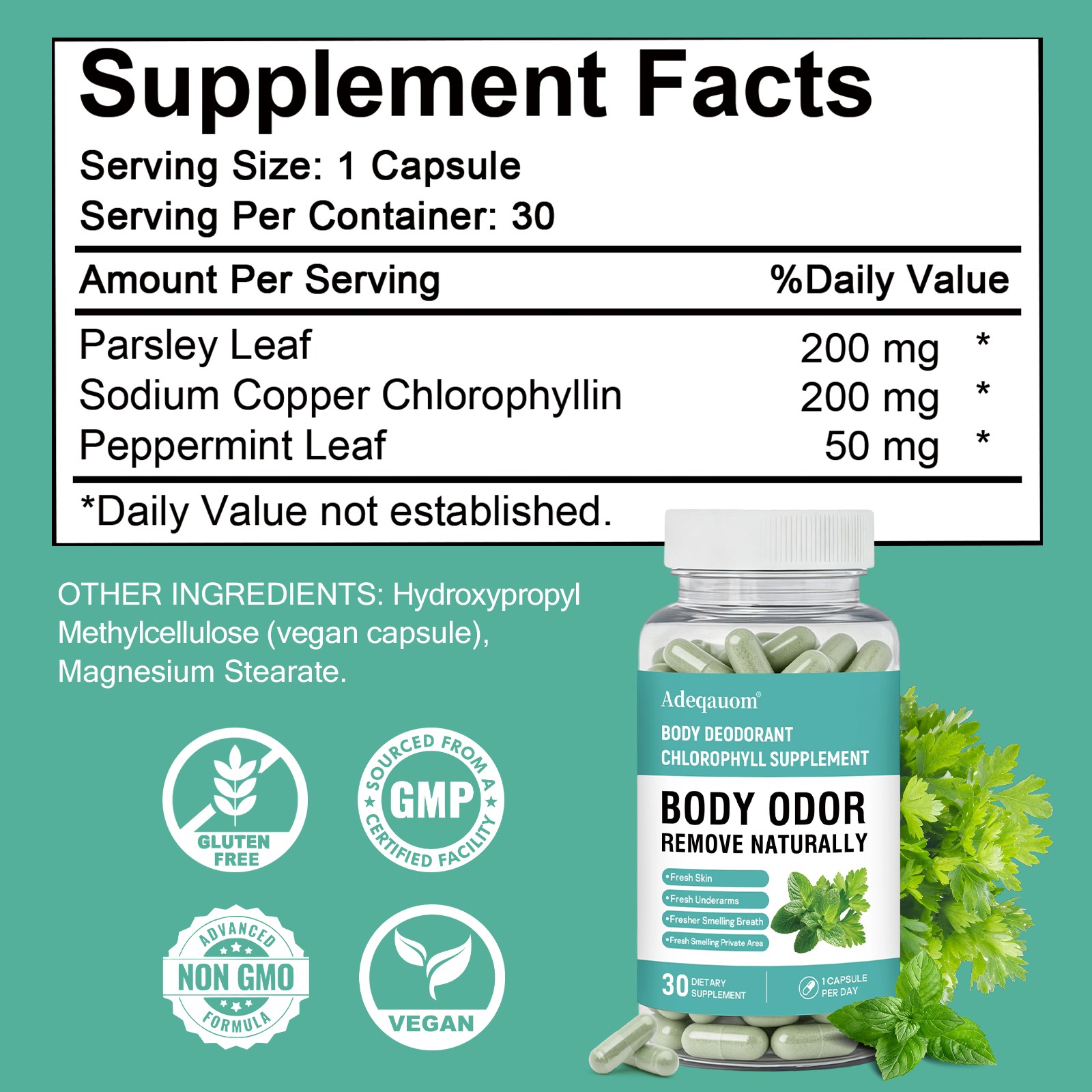 Chlorophyll Internal Deodorant Capsules,Full-Body Odor Control 30 Vegan Capsules