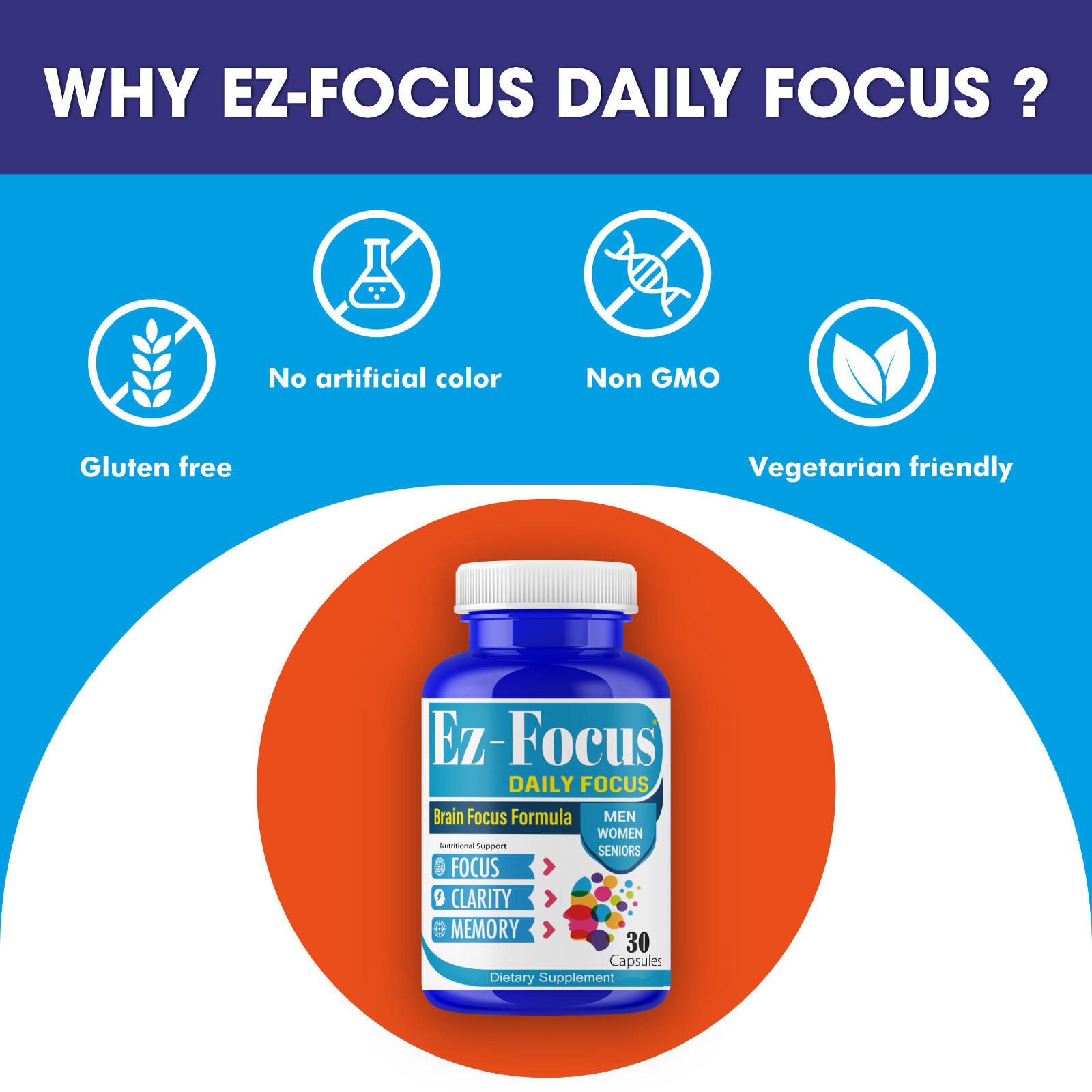 EZ-Focus Brain Booster Supplement & Focus Vitamins for Seniors and Adults 60Caps