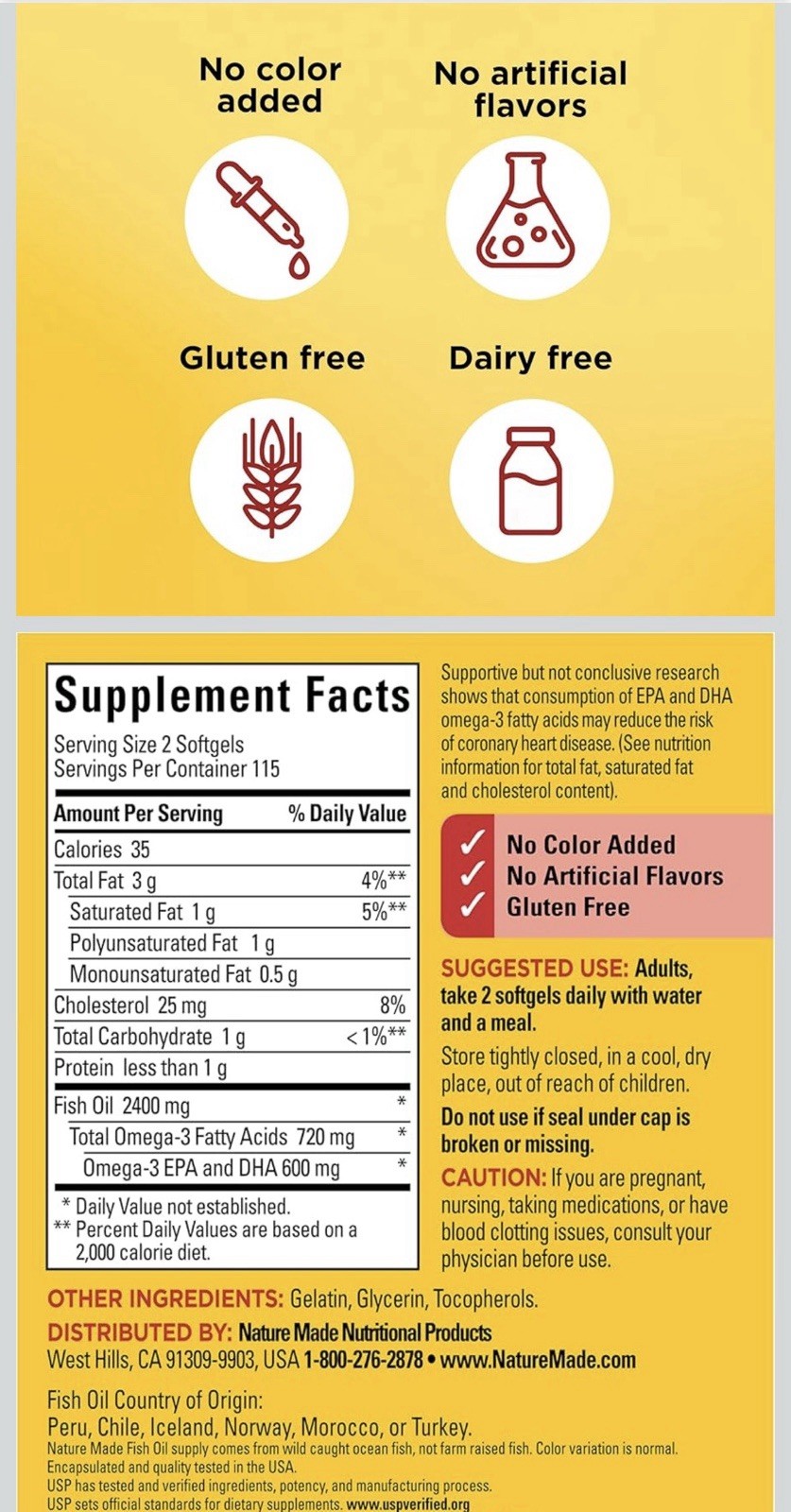 Nature Made Fish Oil 1200mg 230 Softgels Omega-3 Gluten-Free Dairy-Free