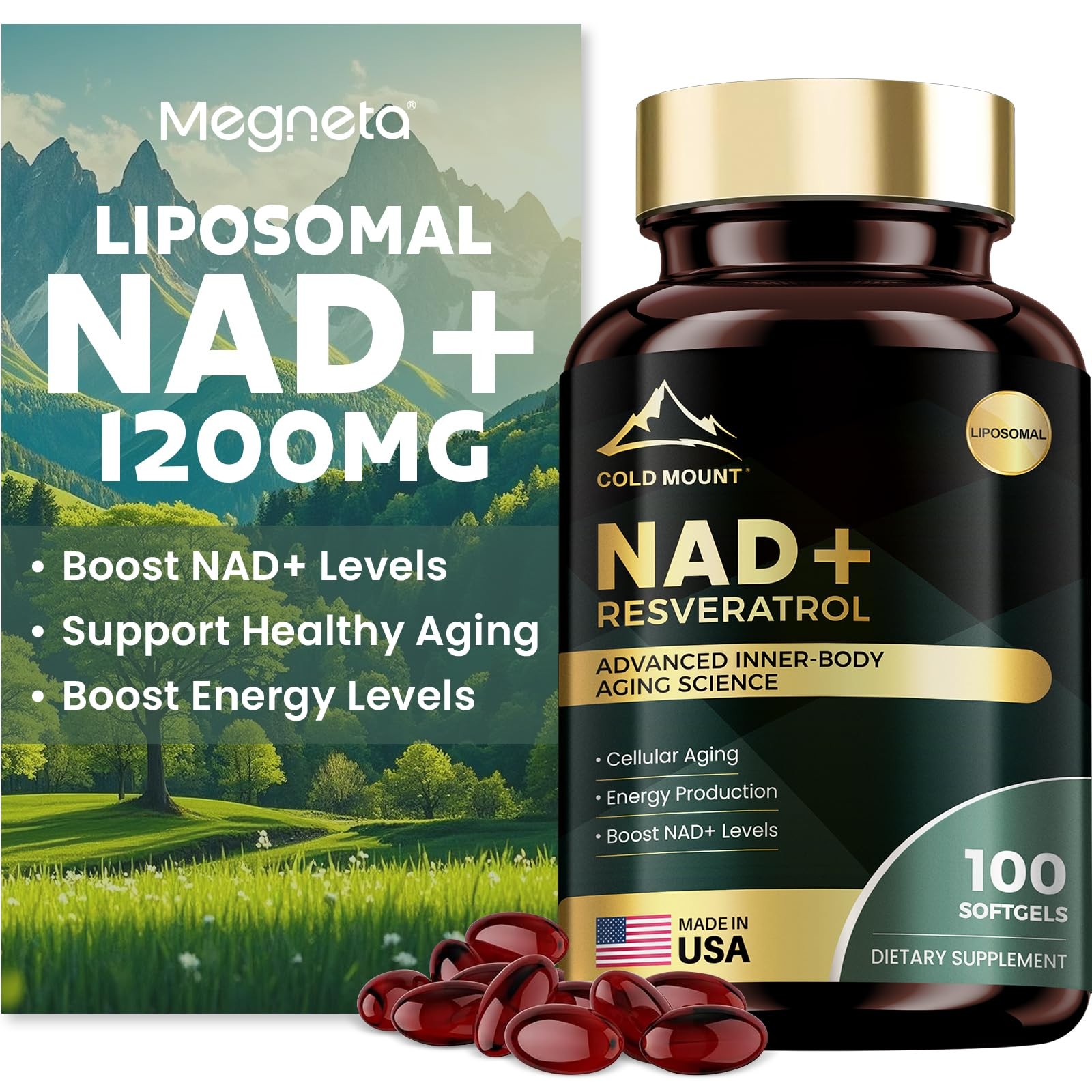 MEGNETA Liposomal NAD+ Supplement 1200mg with Trans 100 Count (Pack of 1)