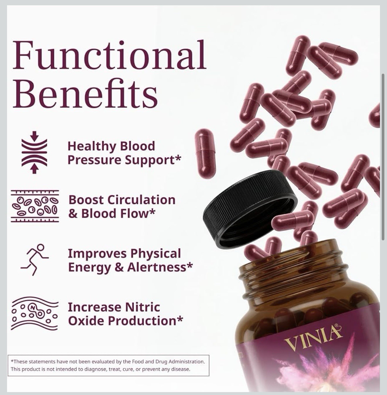 VINIA Blood Flow Capsules Red Grape Powder and Nitric Oxide Supplement 60 Caps