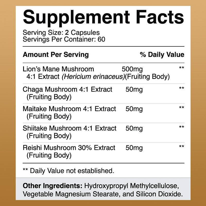 Mushroom Supplement 700mg – 5 Blend Lions Mane Reishi Chaga Maitake Shiitake