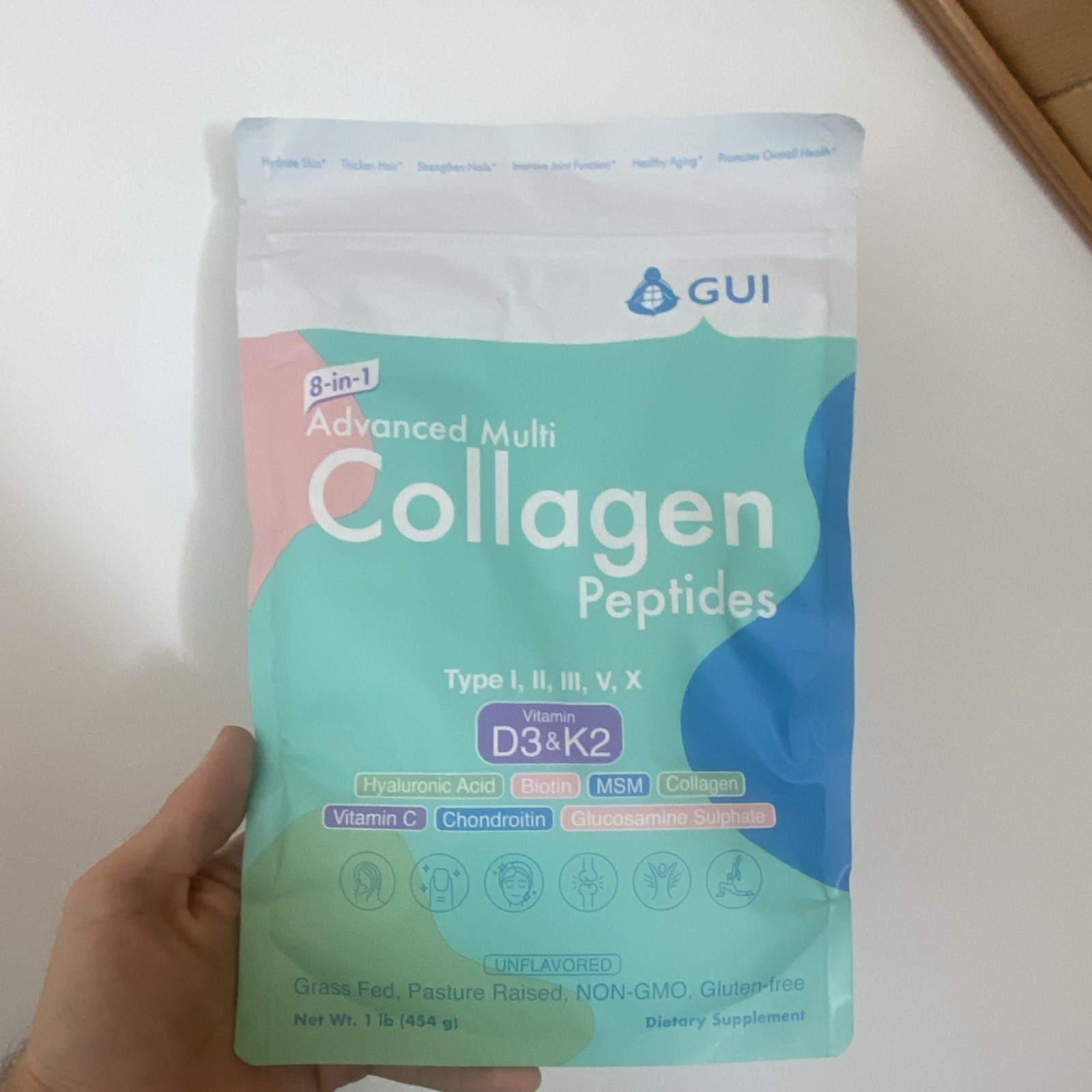 GUI Multi Collagen Peptides Powder Unflavored Vitamin D3 K2 Biotin 1lb