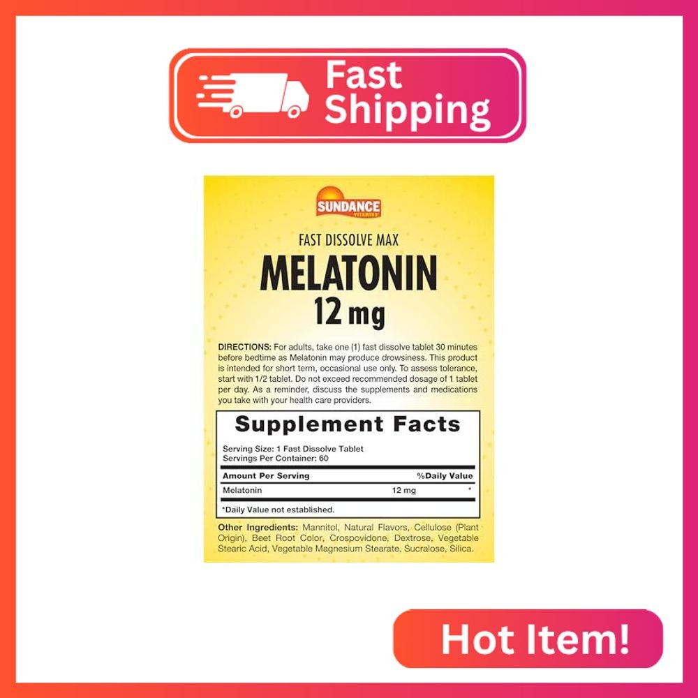 Sundance Melatonin 12mg | 60 Fast Dissolve Tablets | Natural Berry Flavor | Vege