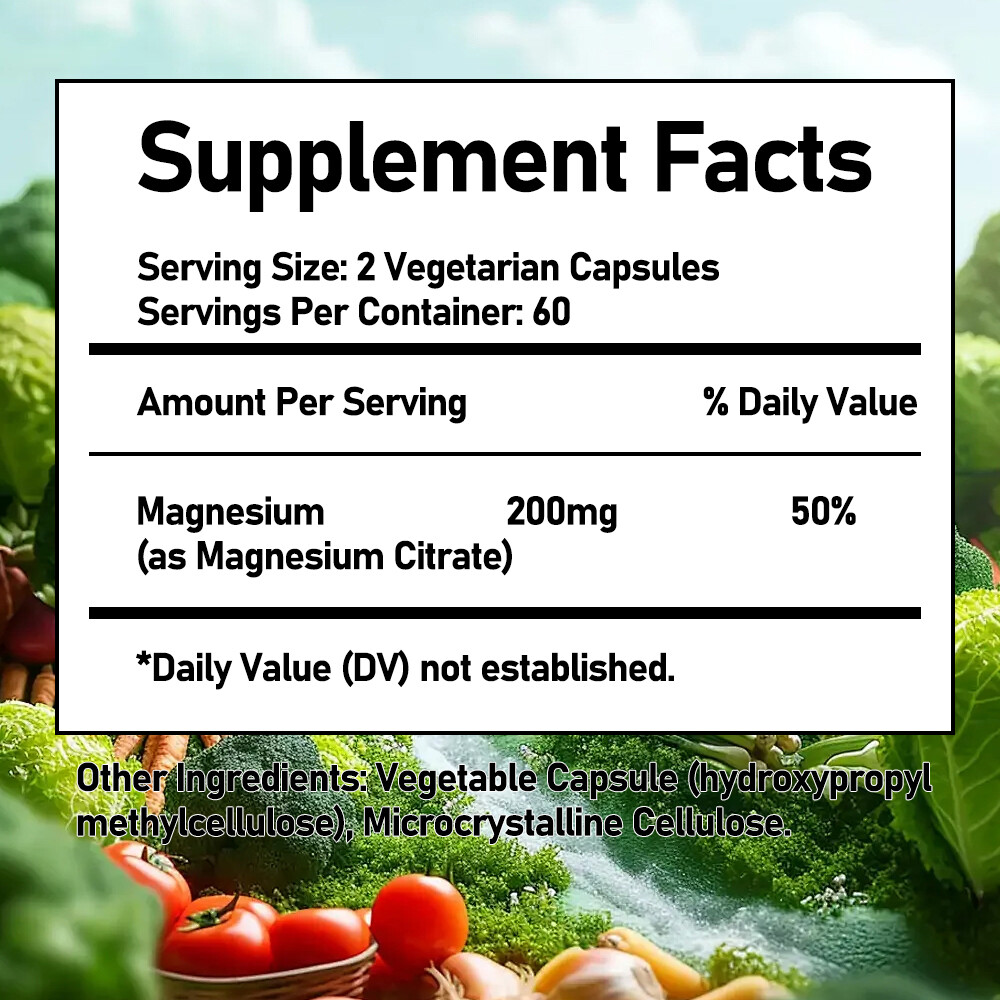 Magnesium Citrate 200mg Supplement Vegetarian/Gluten Free/Non-GMO