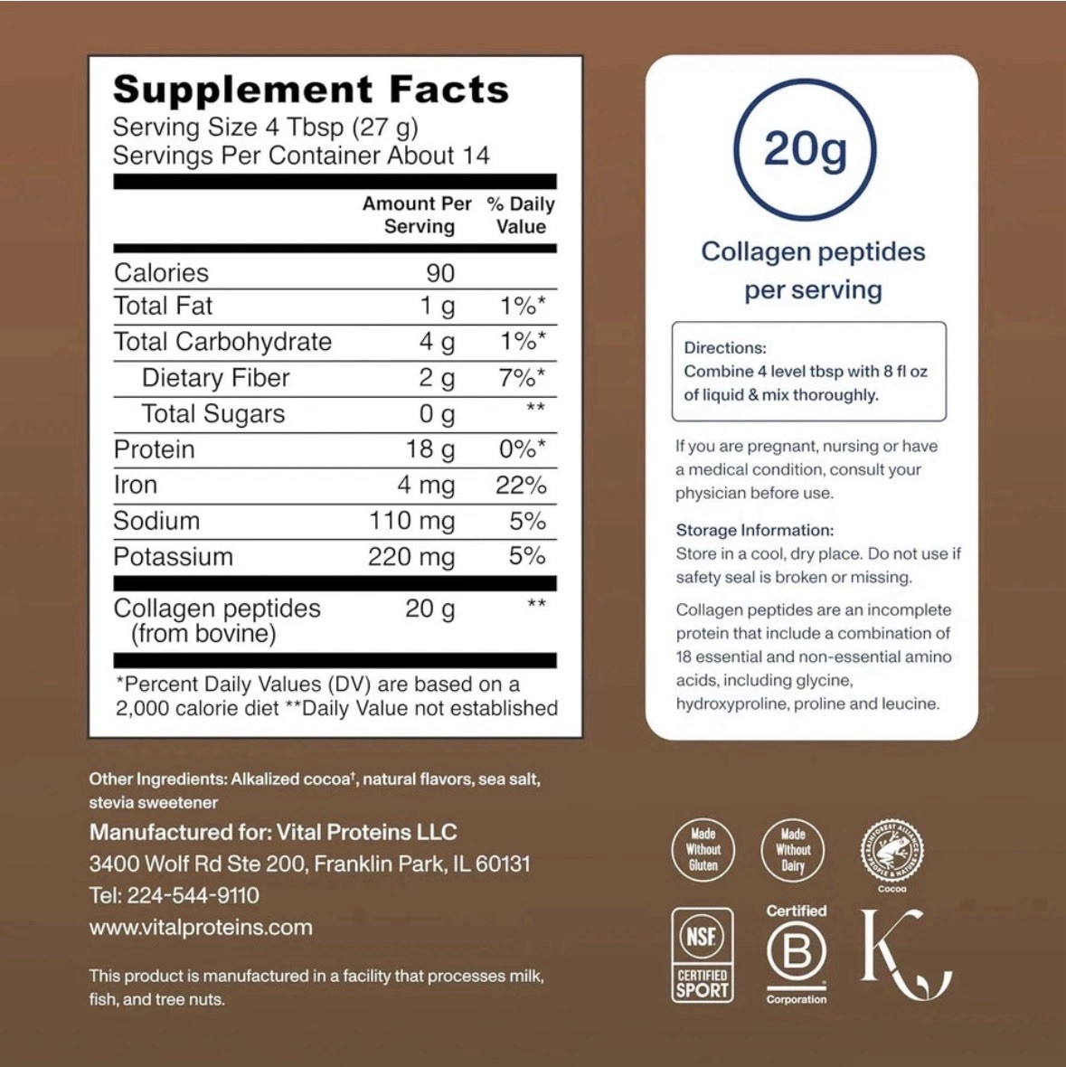 Sealed Vital Proteins Collagen (13.5 oz) Chocolate Peptides Powder Exp 6-2027