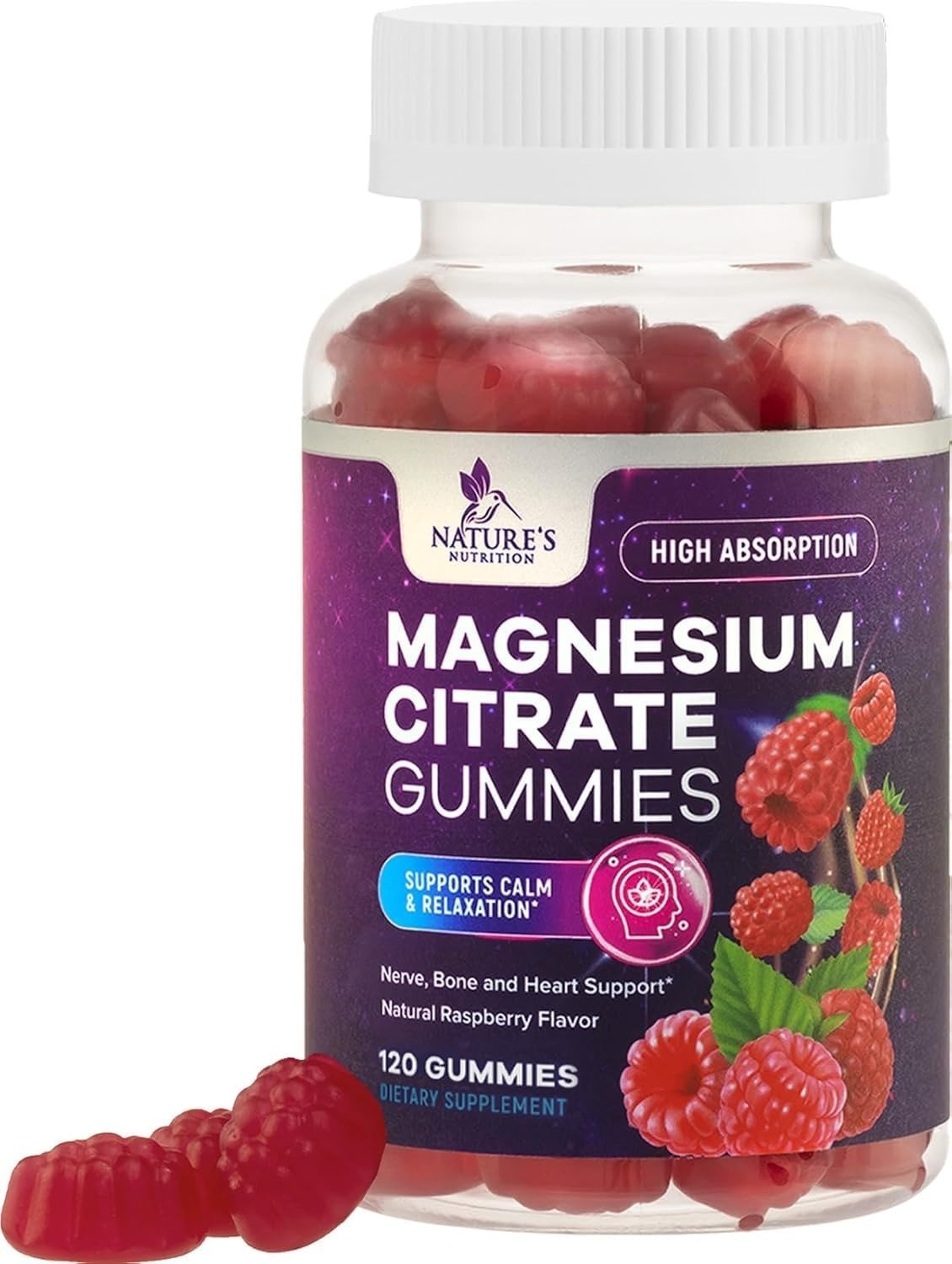 Nature’s Nutrition Magnesium Citrate Gummies 60 Count Raspberry Flavor