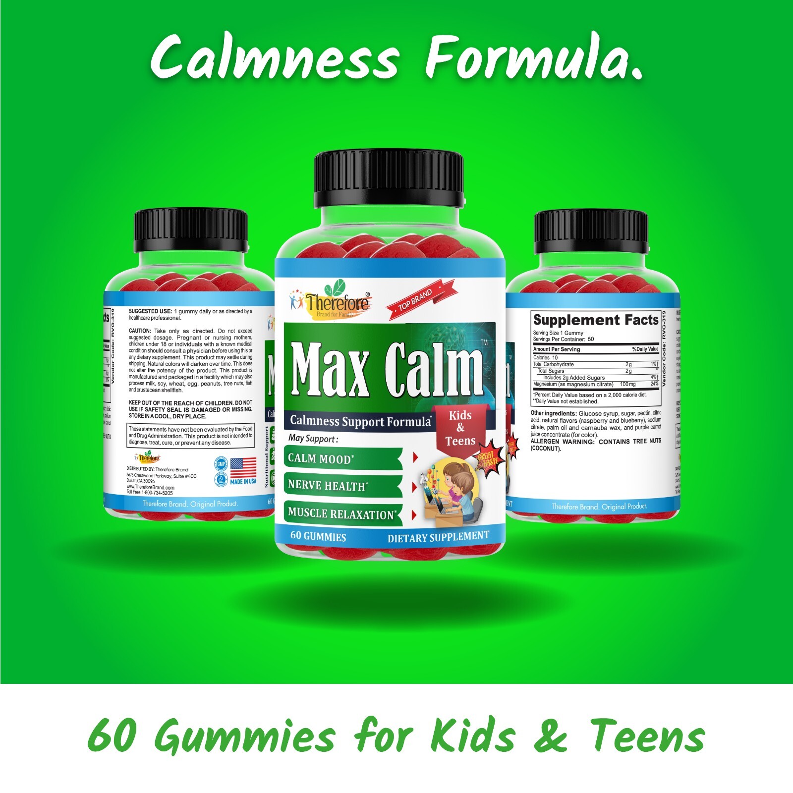 Max Calm Kids Magnesium Citrate Gummies Support Calm Mood, Relaxed Muscle 60ct