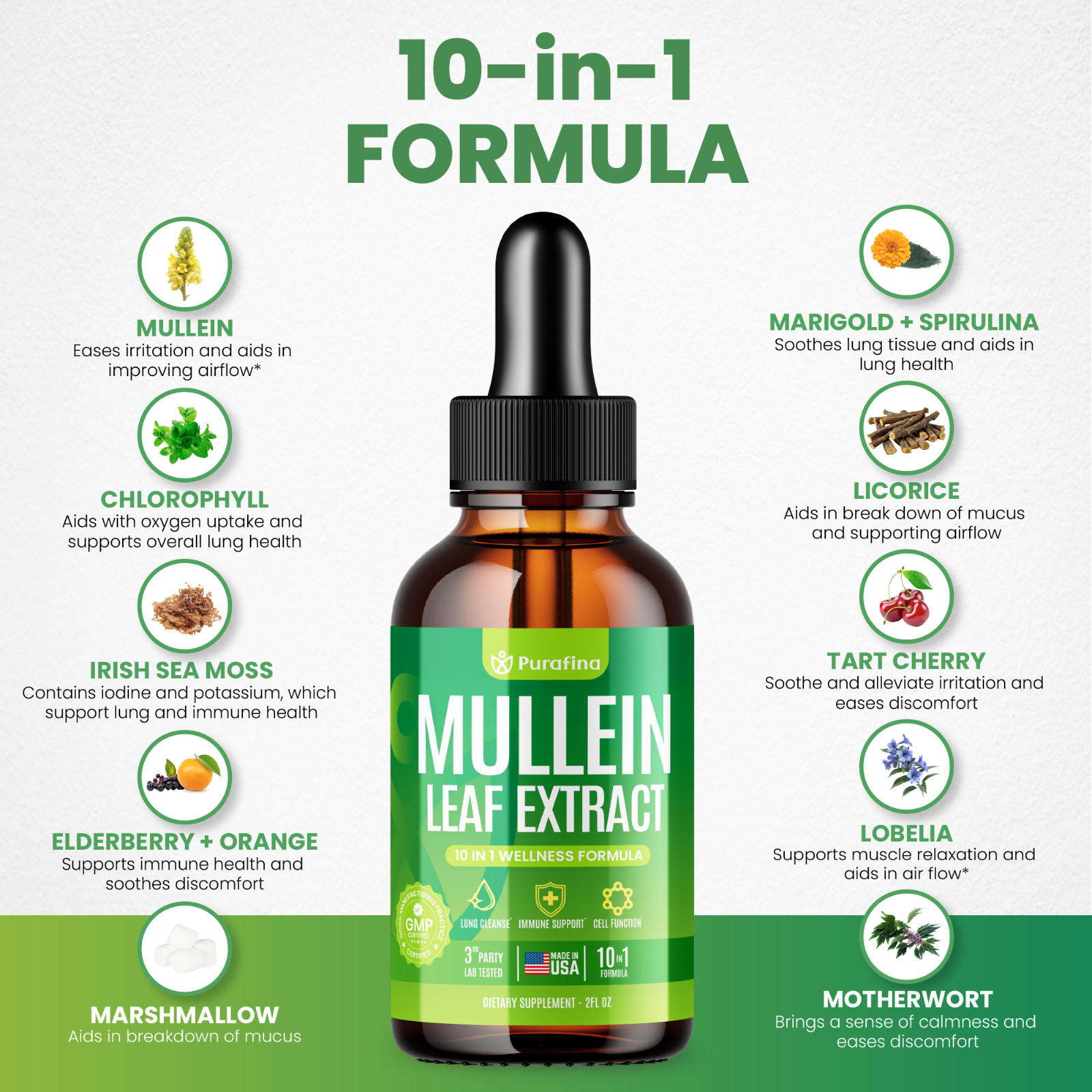 Mullein Leaf Drops For Lungs – 10 in 1 – Chlorophyll Sea Moss Elderberry (60ml)