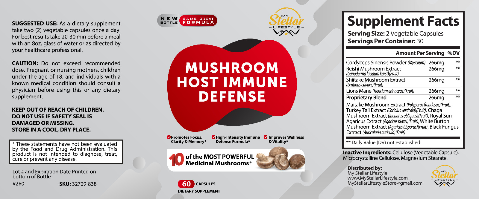5 Pack Mushroom Host Immune Defense, promotes focus & memory-60 Capsules x5
