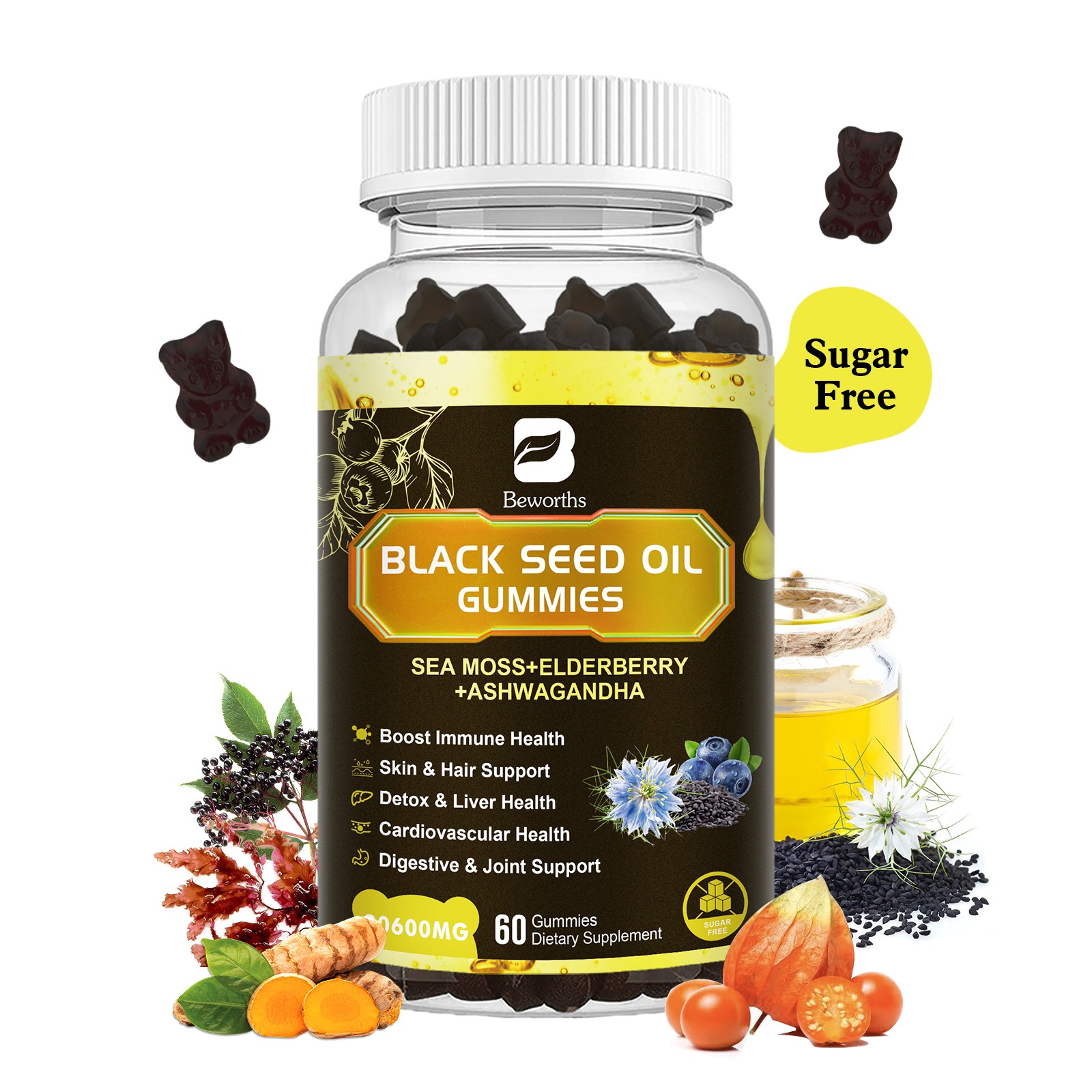 10 in 1 Organic Sea Moss Gummies Irishmoss Extract 1000MG w/Black Seed Oil