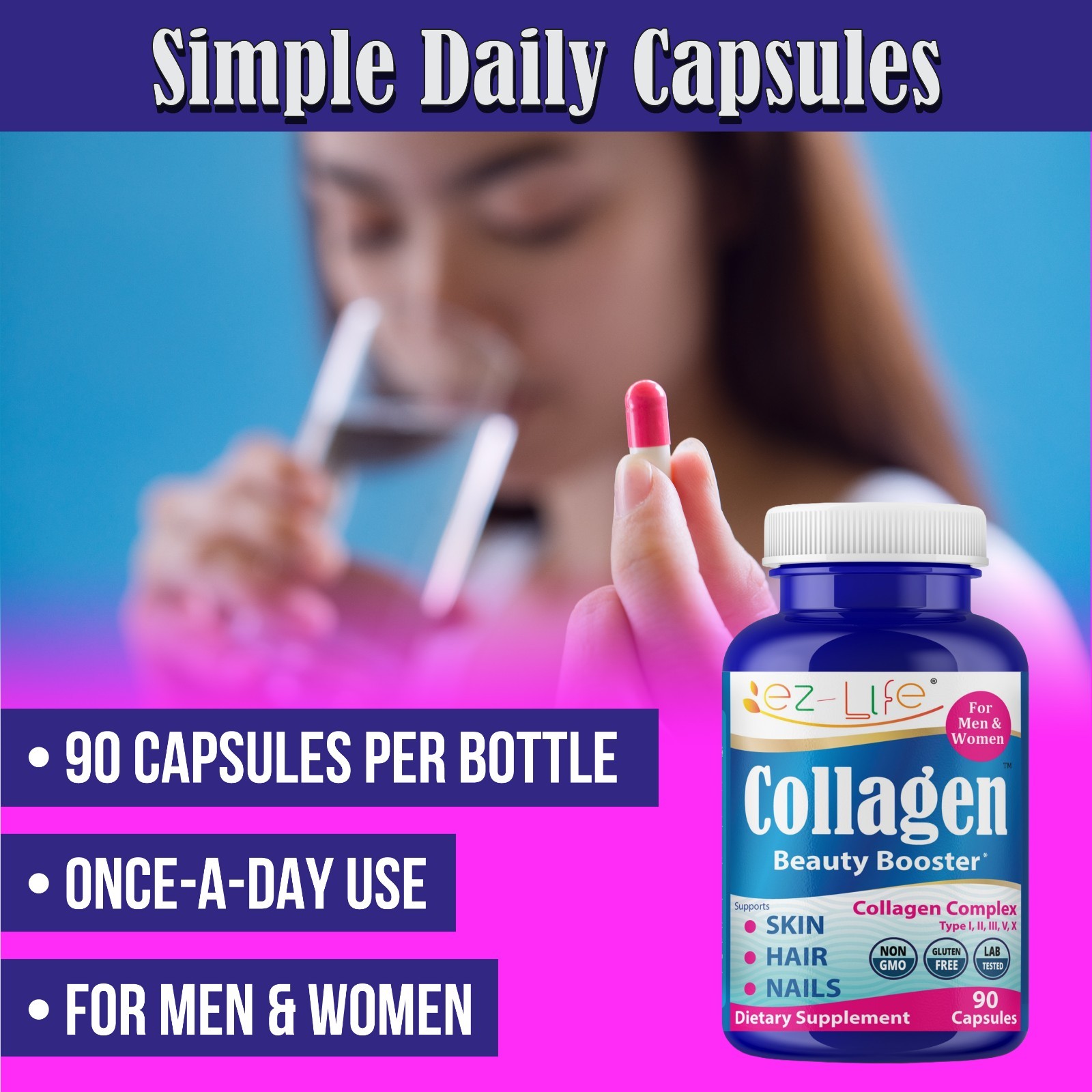 Collagen Peptides Beauty Supplement for Men & Women-Hydrolyzed Anti Aging 90Caps