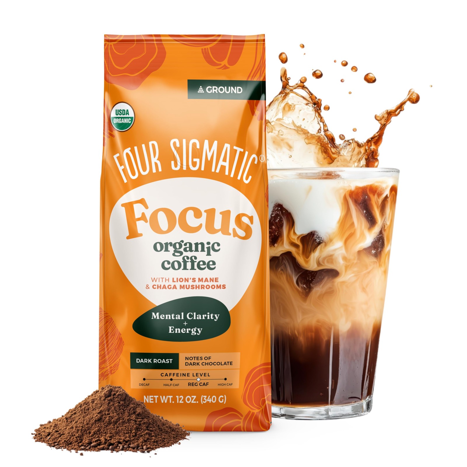 FOUR SIGMATIC Organic Focus Mushroom Ground 12 Ounce (Pack of 1), Lion’s Mane