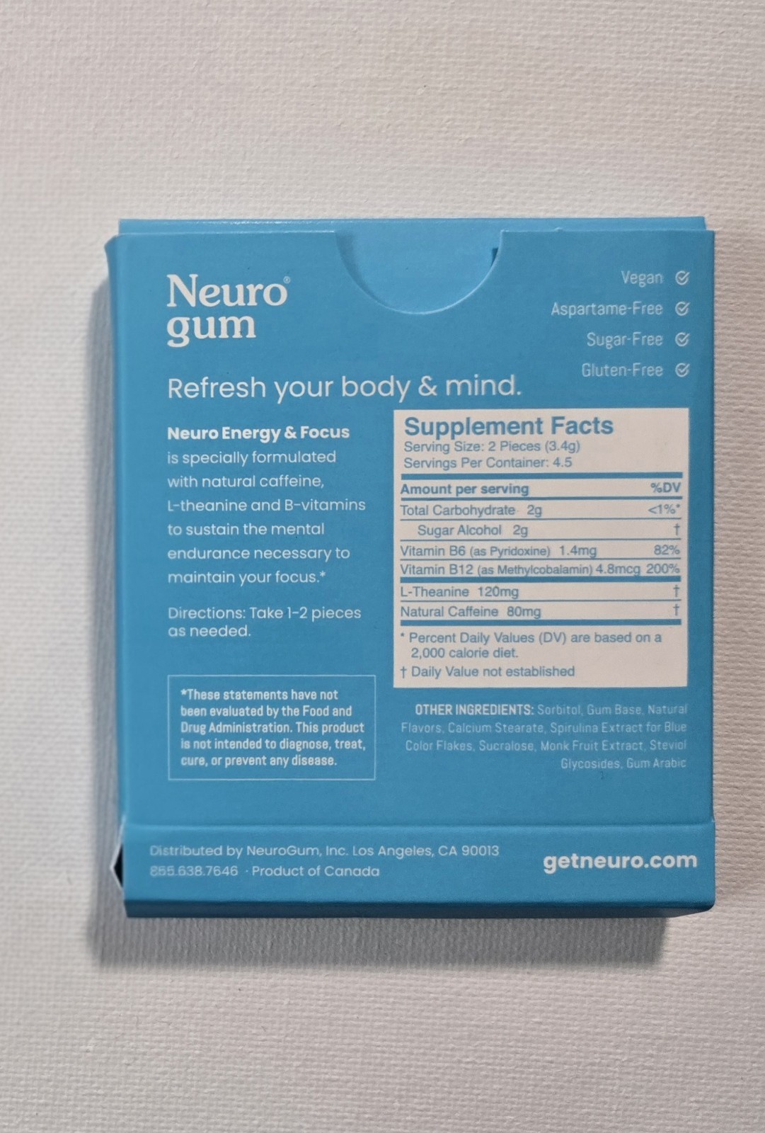 Neuro Gum L-theanine B-12 Nootropics Caffeine 1pk 9 pcs Boost Energy & Focus