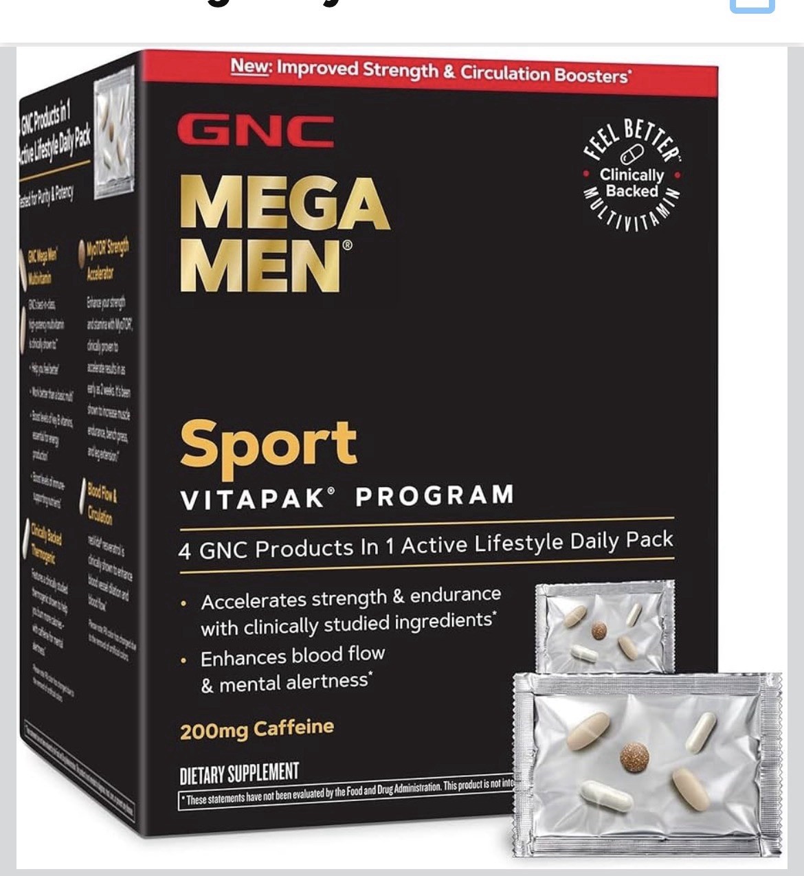 GNC Mega Men Sport Vitapak Multivitamin 200mg Caffeine Daily Packs Travel