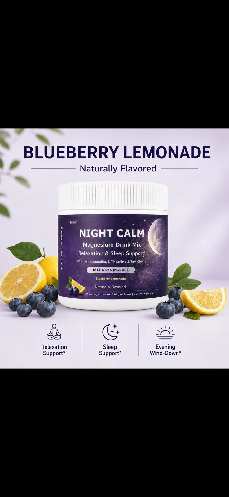 SYHW Night Calm Magnesium Drink Mix Blueberry Lemonade Melatonin-Free Vegan 140g