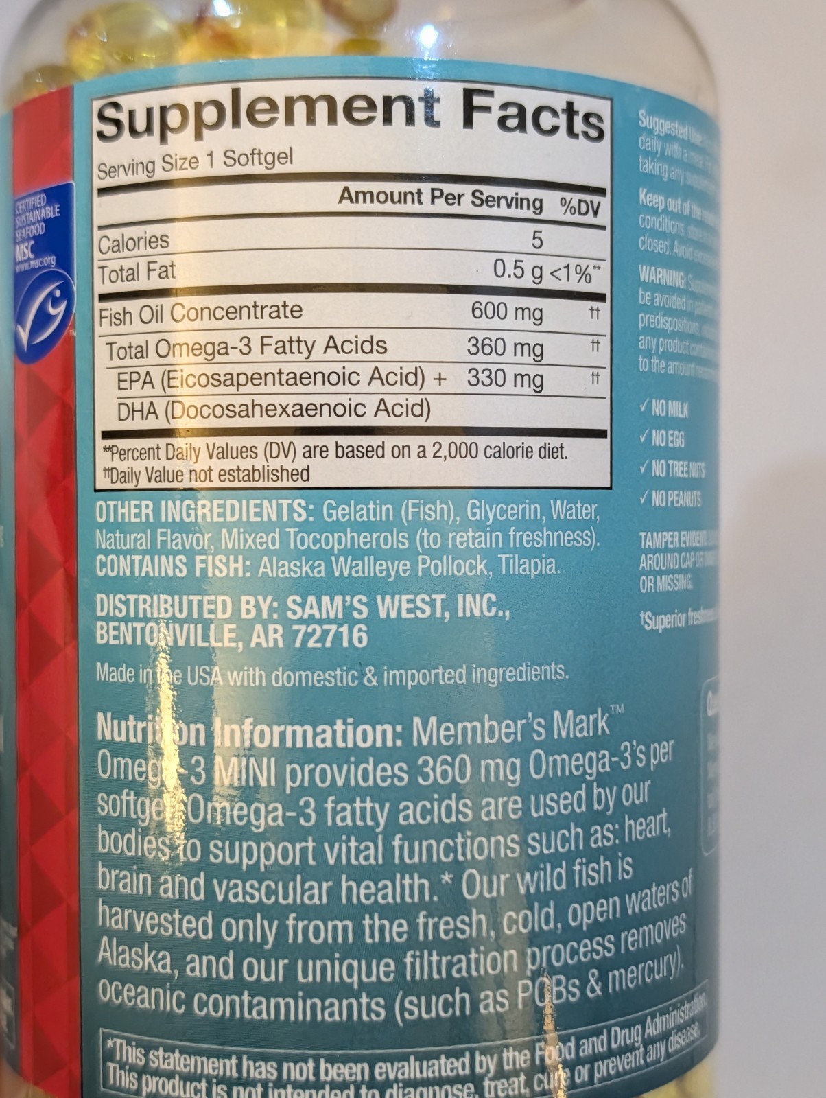 Member’s Mark Omega-3 Mini Fish Oil 360mg Softgels 300 Count Heart