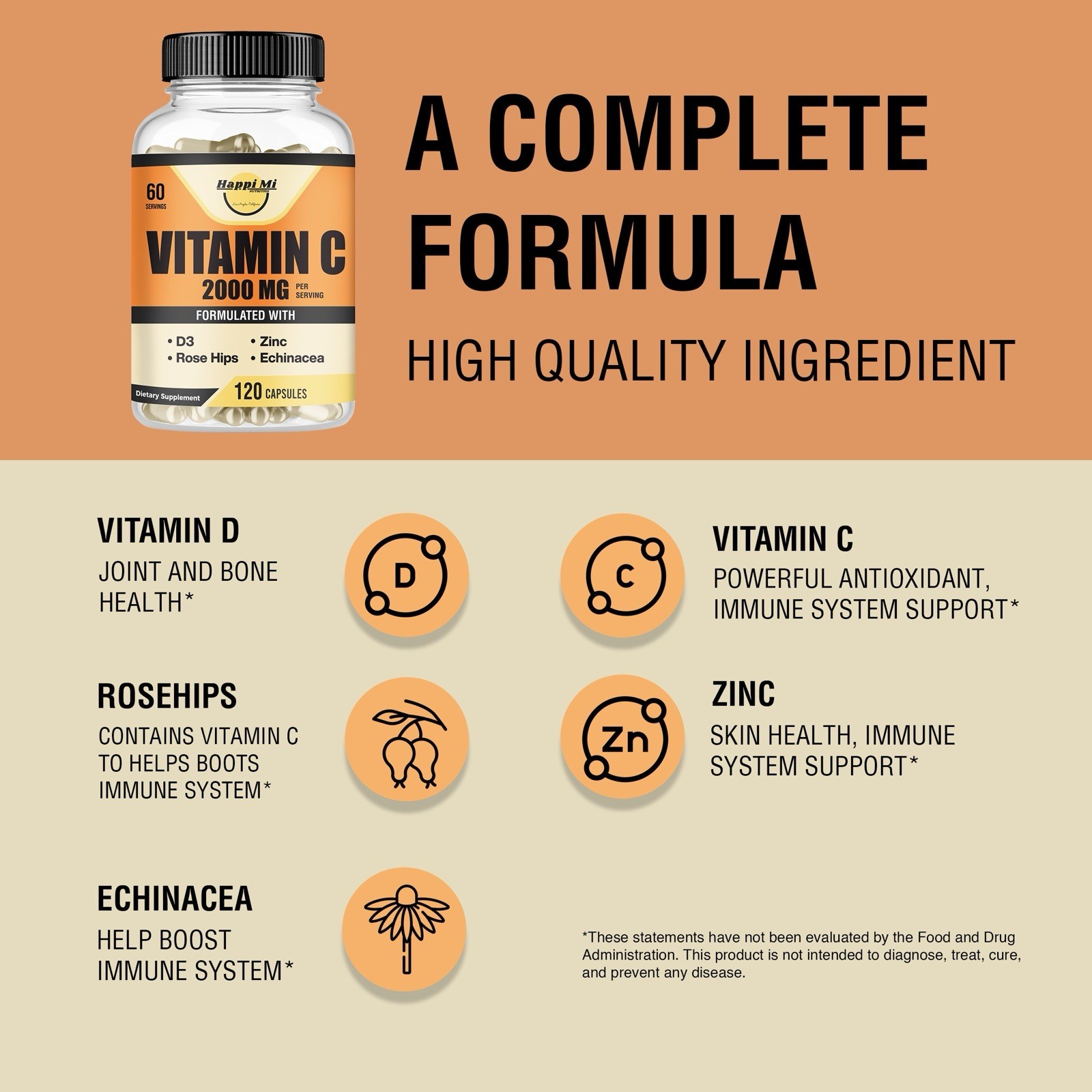 Vitamin C 2000MG D3 5000IU + ZINC 40MG, Echinacea and Rosehips. immune support