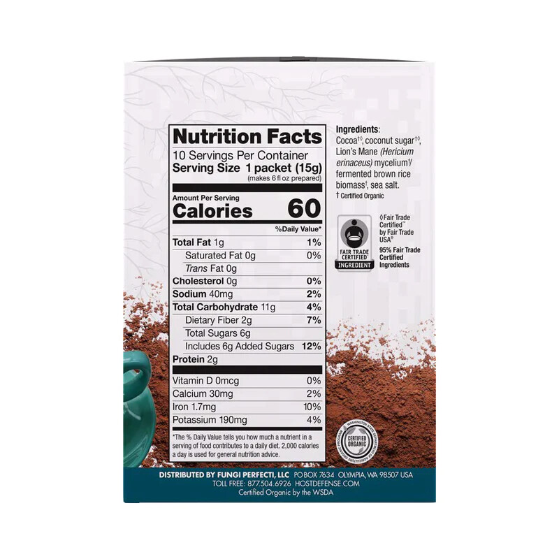 Host Defense MycoBrew Cocoa Powder Box of 10 packets, Drink Mix with Lion’s Mane