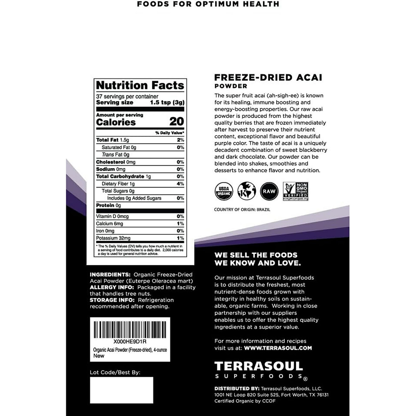 Terrasoul Organic Acai Berry Powder 8oz Freeze-Dried Non-GMO USDA Organic Vegan