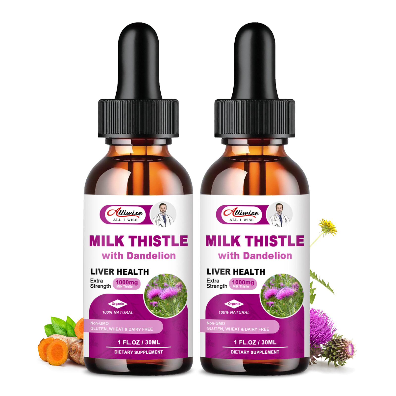 2 Bottles Milk Thistle Liquid Drop,Dandelion Root,Liver Cleanse Immune Support