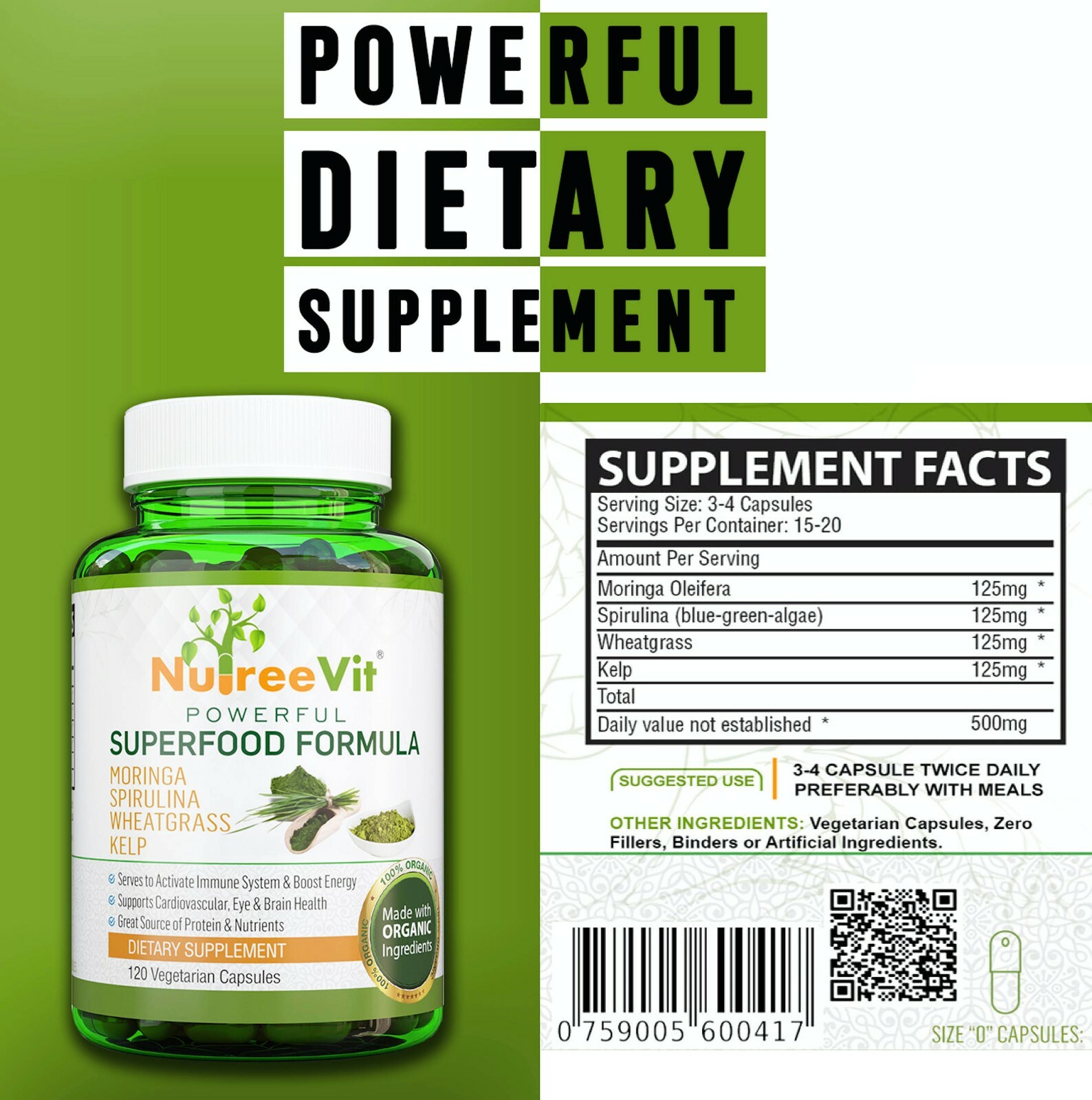 PURE ORGANIC SUPERFOOD-MORINGA SPIRULINA WHEATGRASS KELP VEGGIE CAPSULES (500mg)