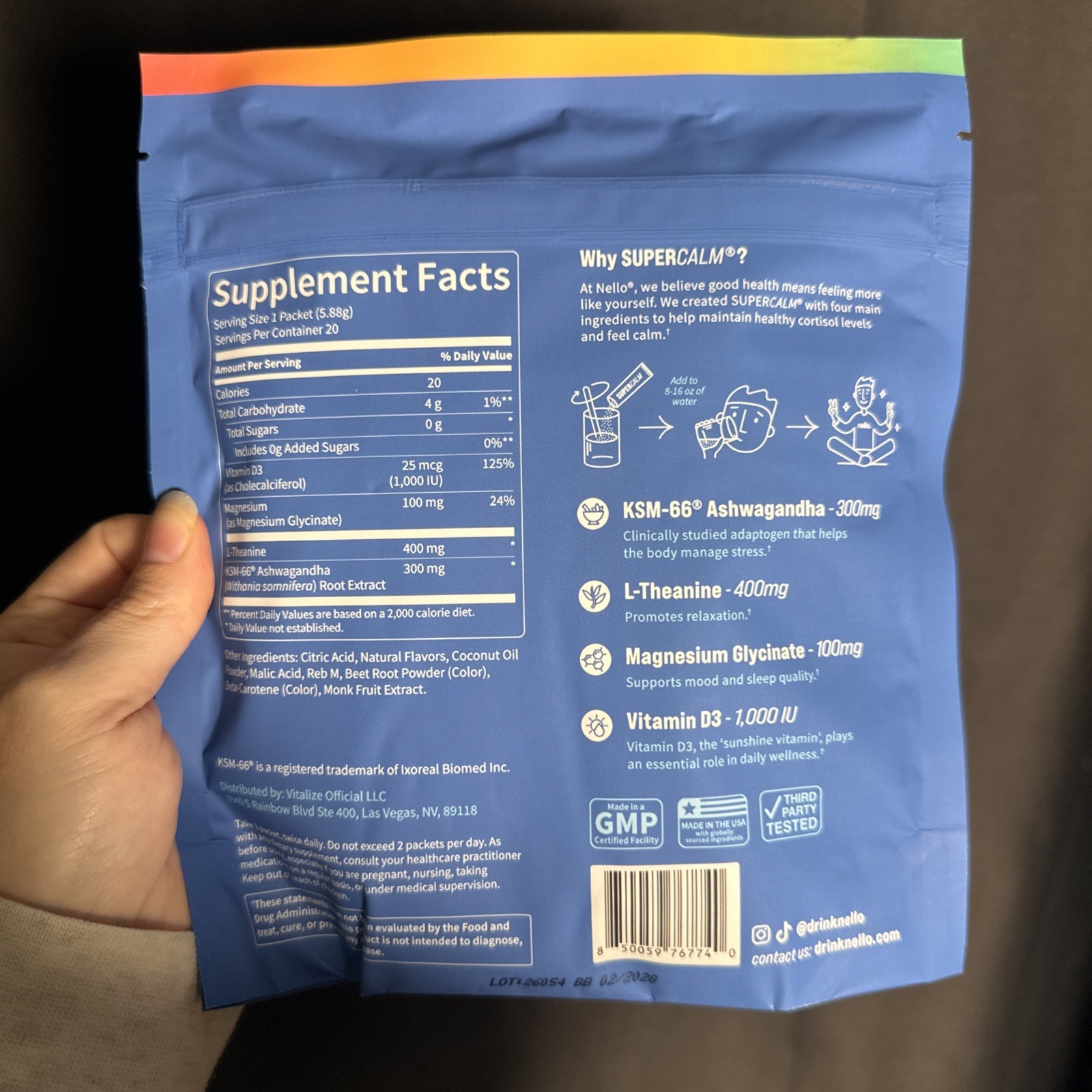 Nello Supercalm Calming Drink Mix Supplement – Blue Coconut – 20ct EXP:03/2027
