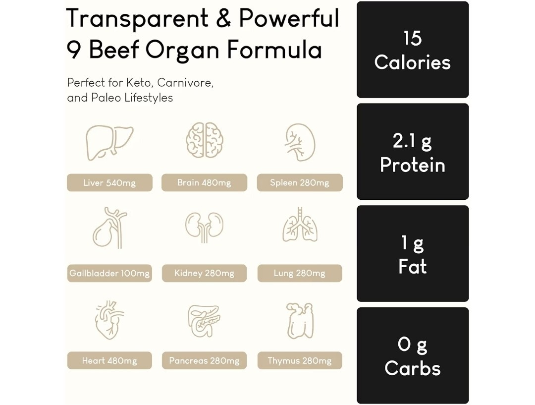 Optimal Carnivore Grass Fed Beef Organ Complex Non-GMO 500mg 180 Capsules