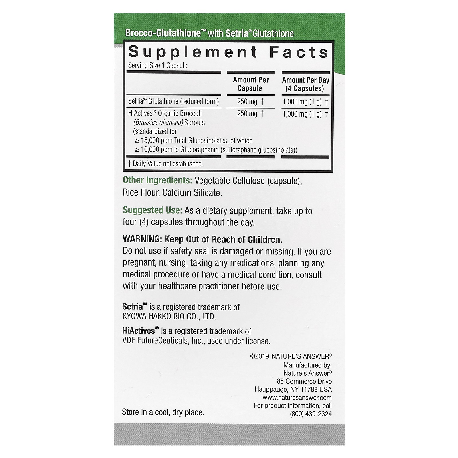 Nature s Answer Brocco-Glutathione 500 mg 60 Vegetarian Capsules Cruelty-Free,