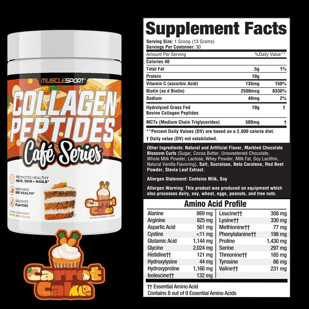 MuscleSport Collagen Peptides Powder Carrot Cake Flavor with Biotin & MCTs 390g