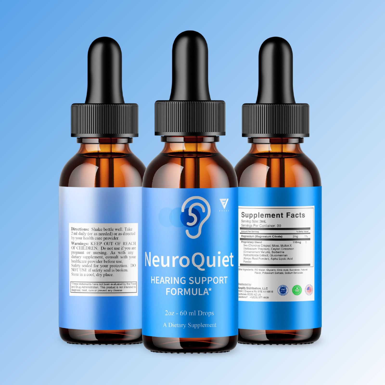 (3 Pack) Neuro Quiet Hearing Drops, NeuroQuiet Ear Health Supplement (6oz)