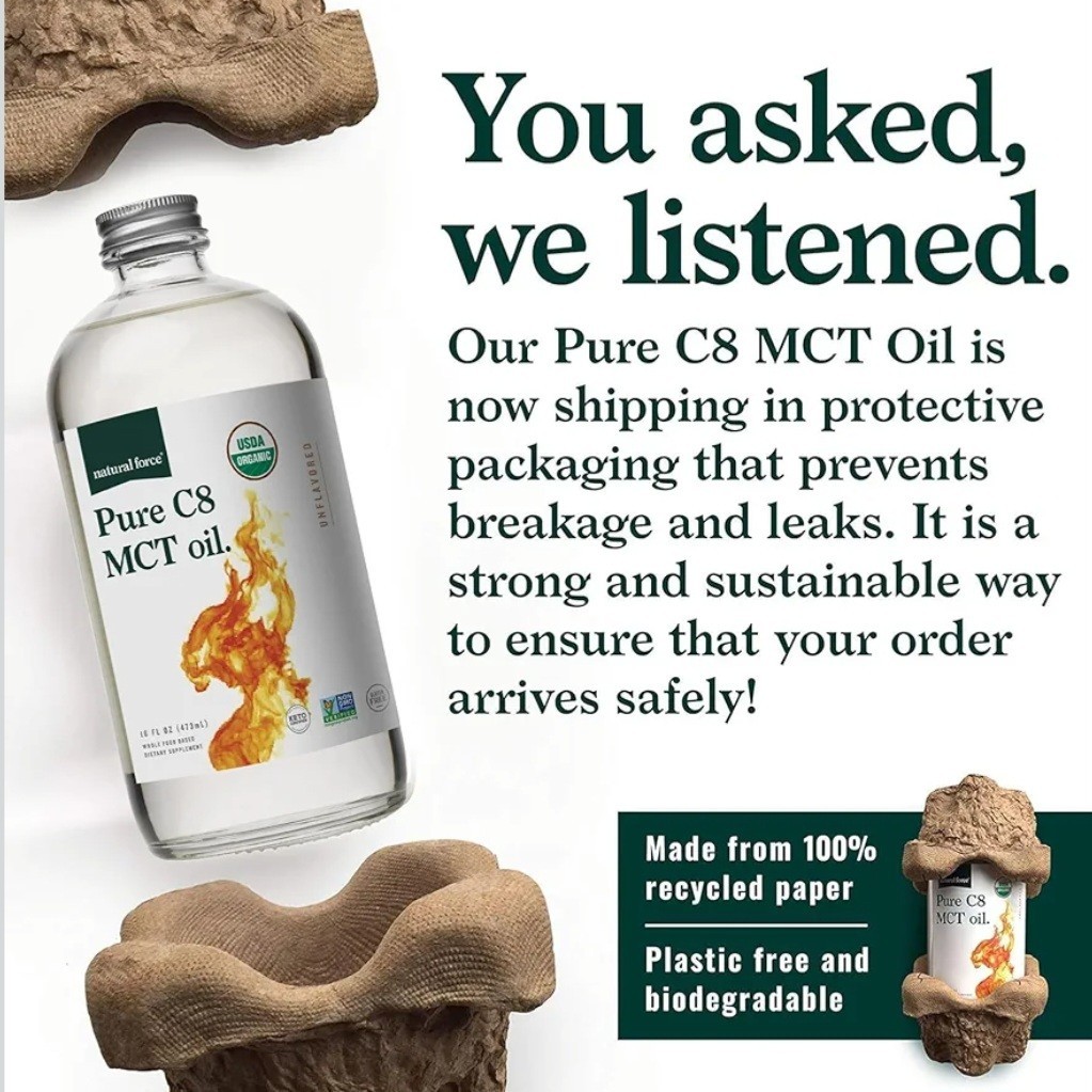 Natural Force Organic Pure C8 MCT Oil Liquid in Glass Bottle Container 16 Ounce