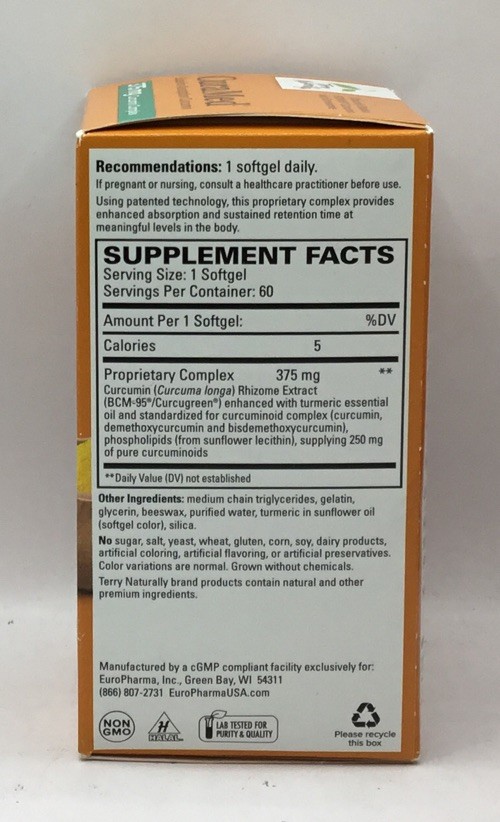 Terry Naturally CuraMed 375mg Superior Absorption Curcumin 60 Softgels Exp 7/26