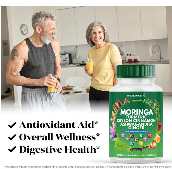 Superfood MD Moringa Supplement Turmeric Ginger Boswellia Saffron Basil 120 Caps