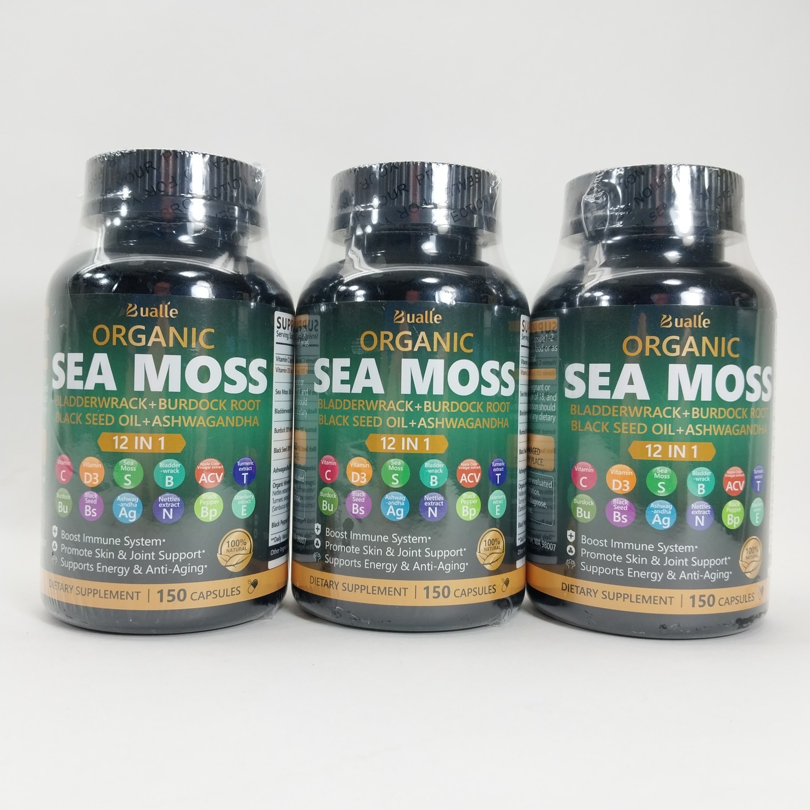 3x Bualle Organic Sea Moss 12in1 Supplement Irish Sea Moss 150 Capsules