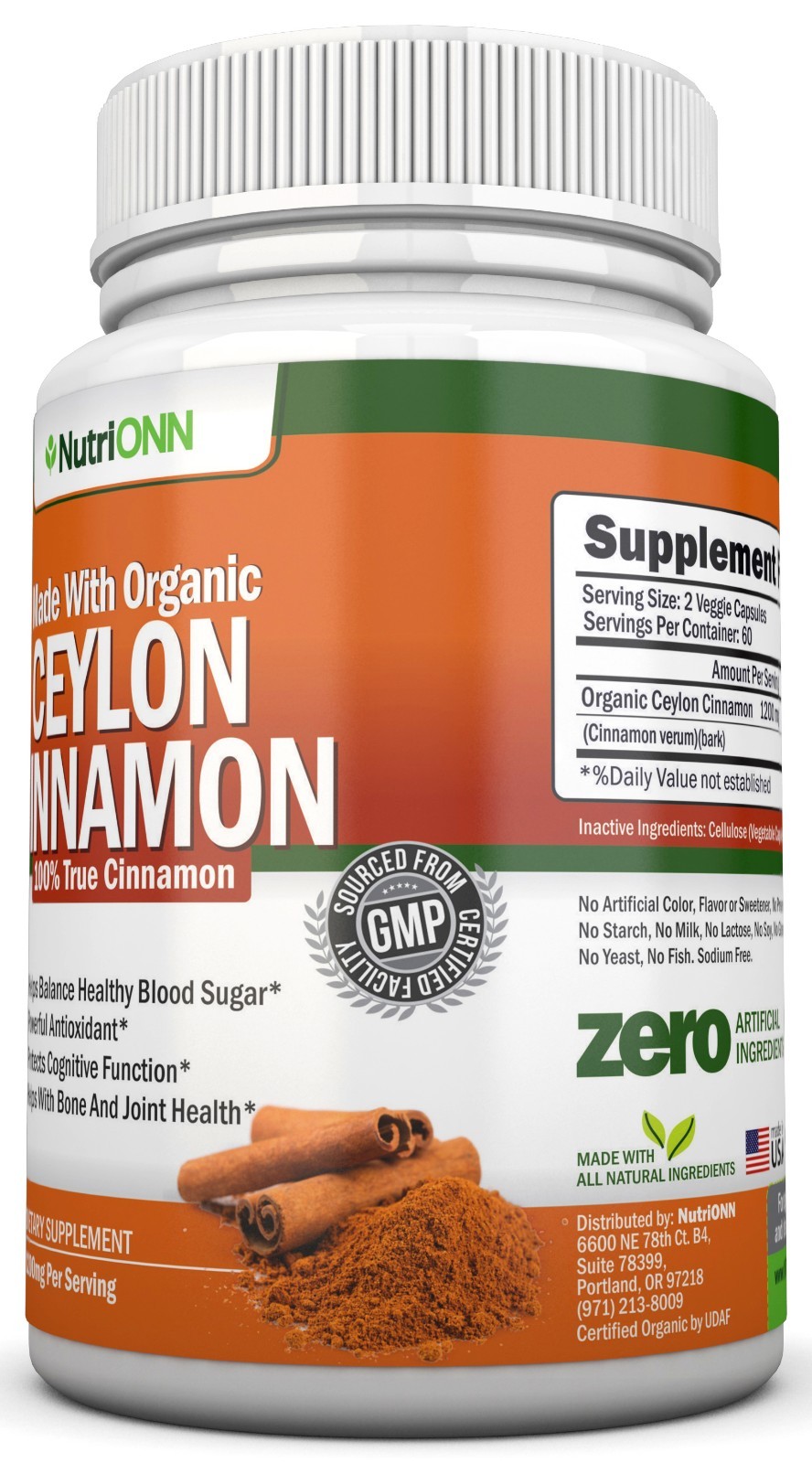 Organic Ceylon Cinnamon – 1200mg – 120 Capsules-True Cinnamon, Great Antioxidant
