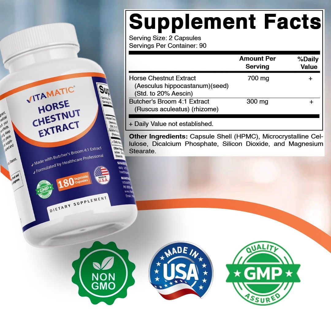 Vitamatic Horse Chestnut Extract 700 mg (Standardized 20% Aescin) – 180 Capsules