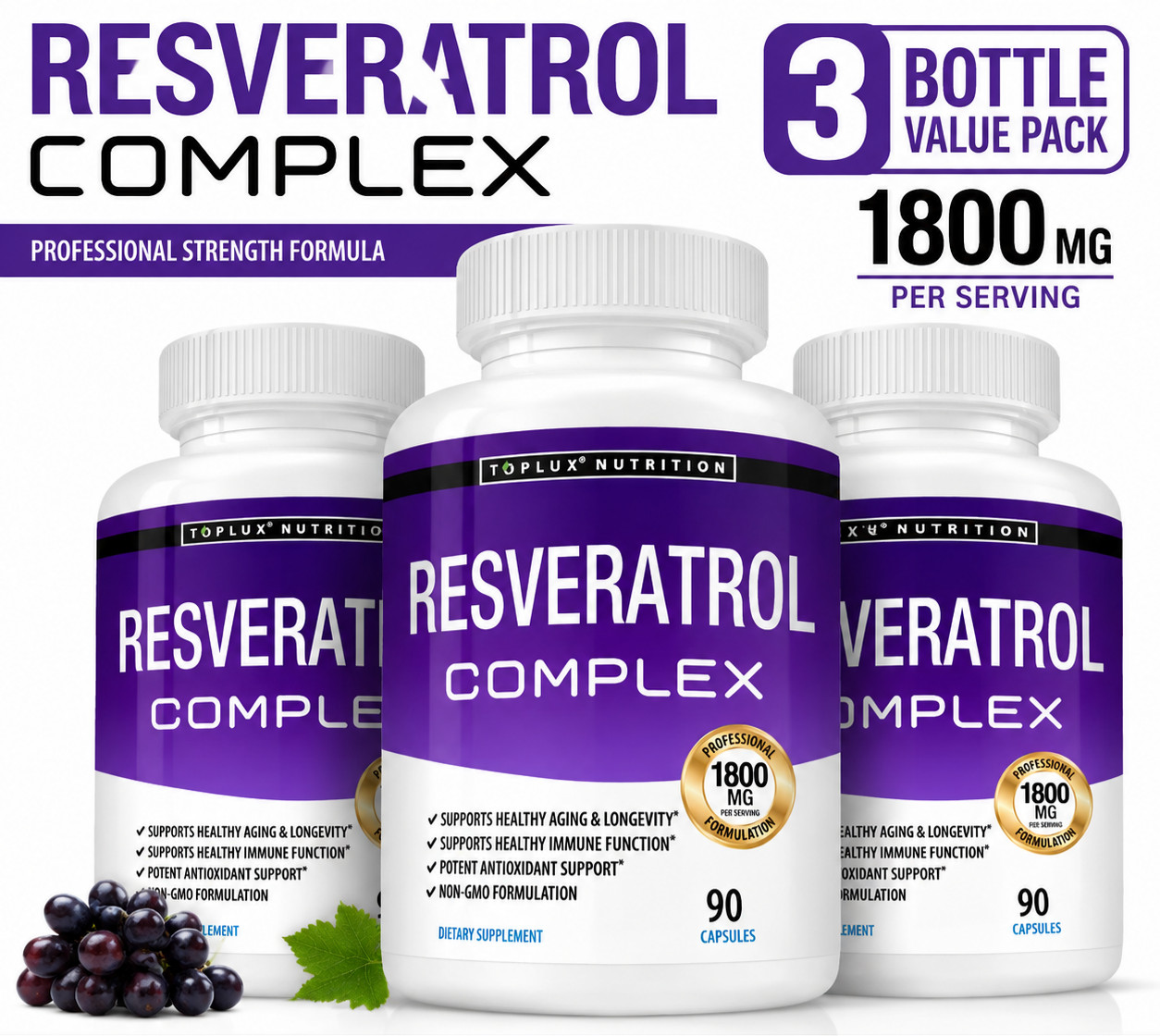 3 Pack Resveratrol 1800mg Antioxidant Supplement 90 Capsules