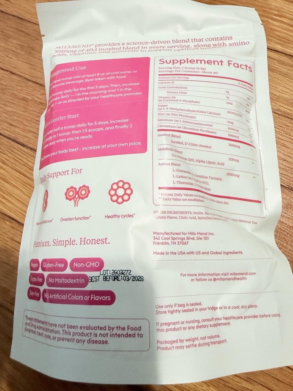 MILAMEND Hormone Balance Hibiscus Tea Powder 14.6 oz Vegan GF 03/2028