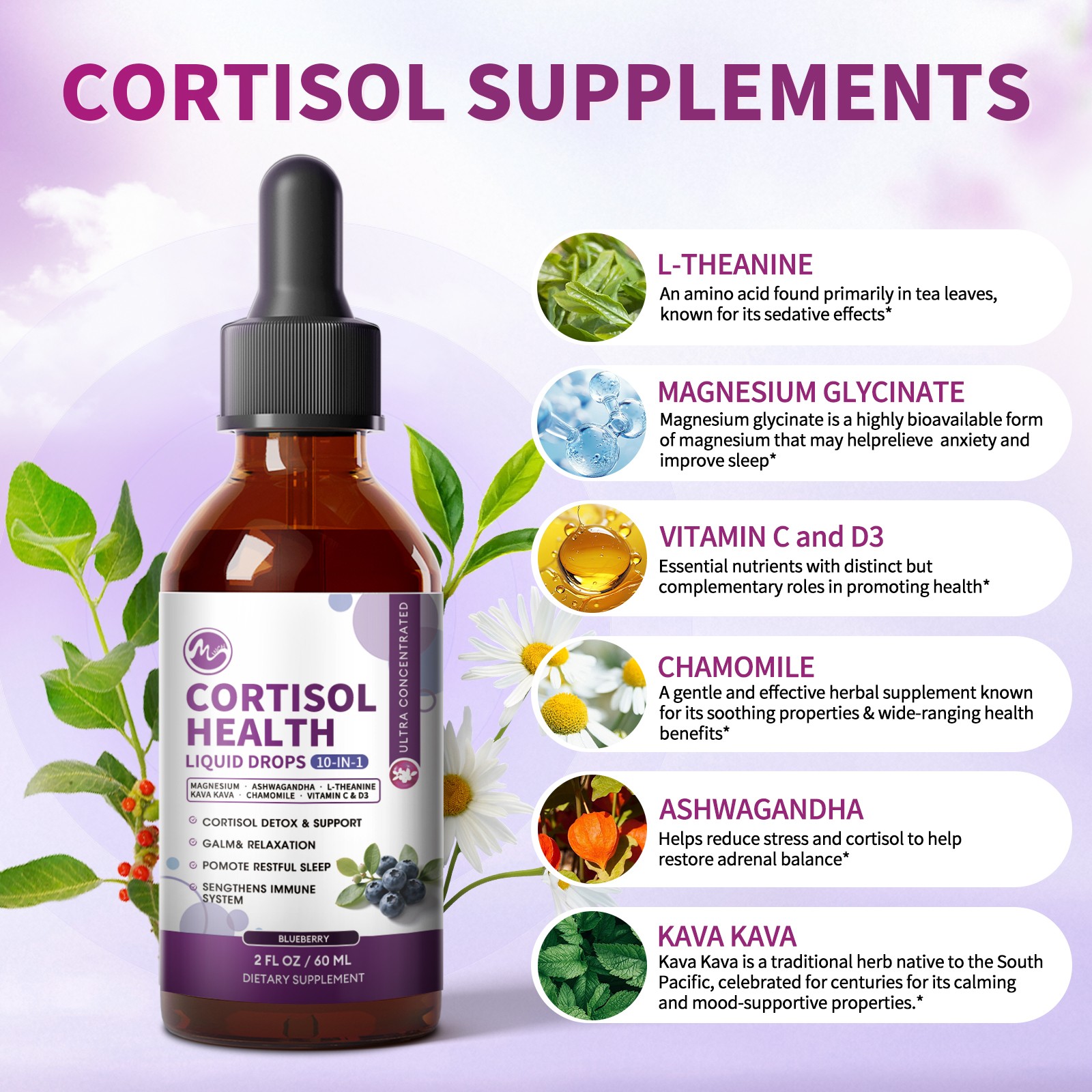 Cortisol Supplements for with Magnesium, Ashwagandha Mood, Focus, Sleep -2 FL.OZ