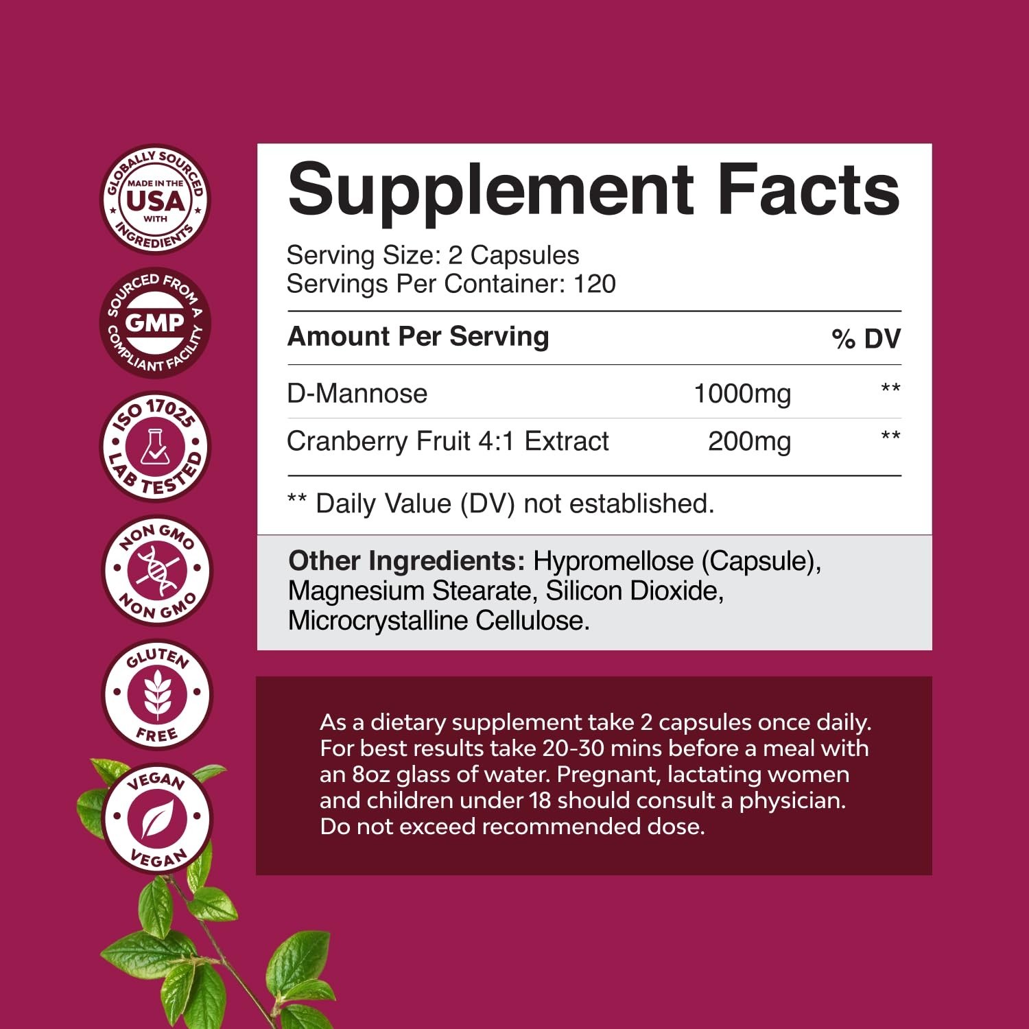D Mannose Cranberry Extract Capsules for Urinary Tract Health for Women 240ct
