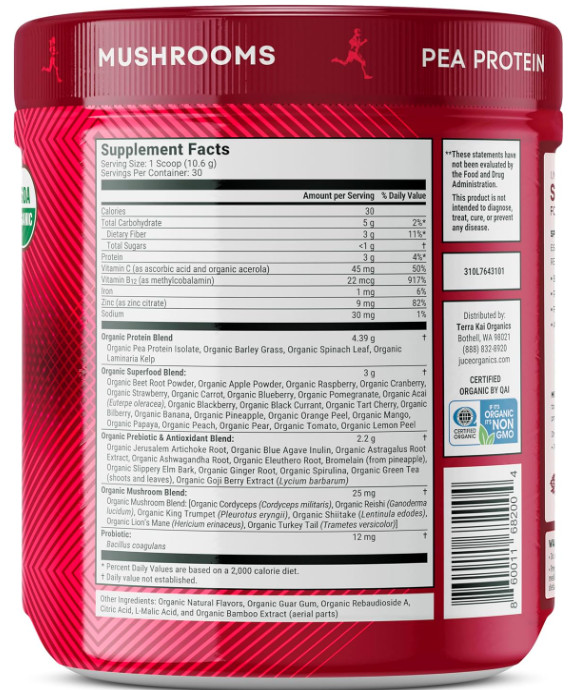 Terra Kai Organics Juce Sport Reds 30 Servings With Pea Protein Exp: 09/27