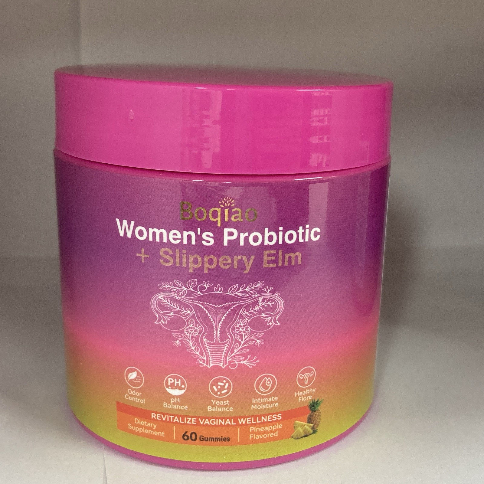 Boqiao Women’s Probiotic + Slippery Elm Pineapple Gummy Supplement 60 Ct