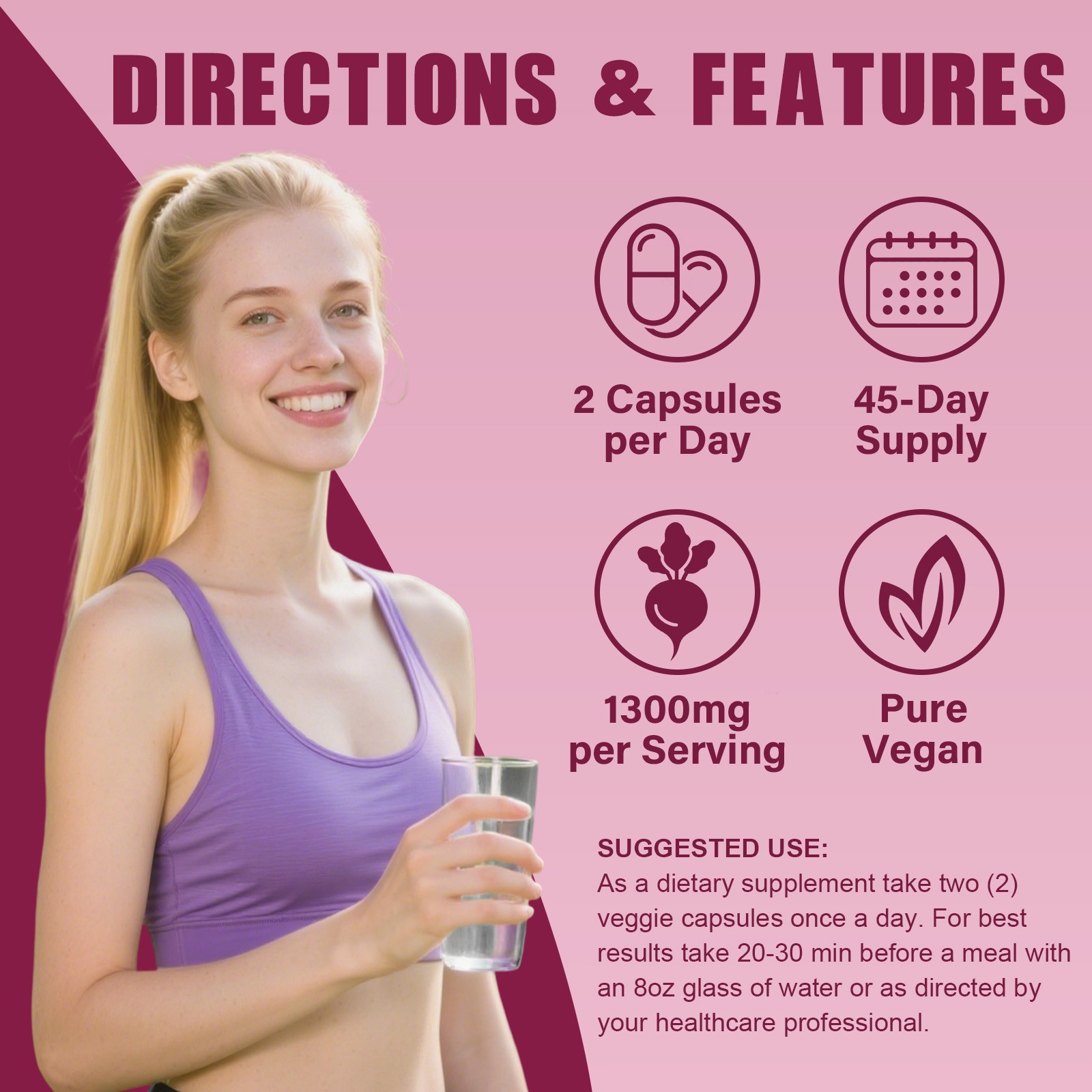 BeetRoot Capsule 1300mg,Support Circulation & Athletic Performance,Vegan 90 Caps