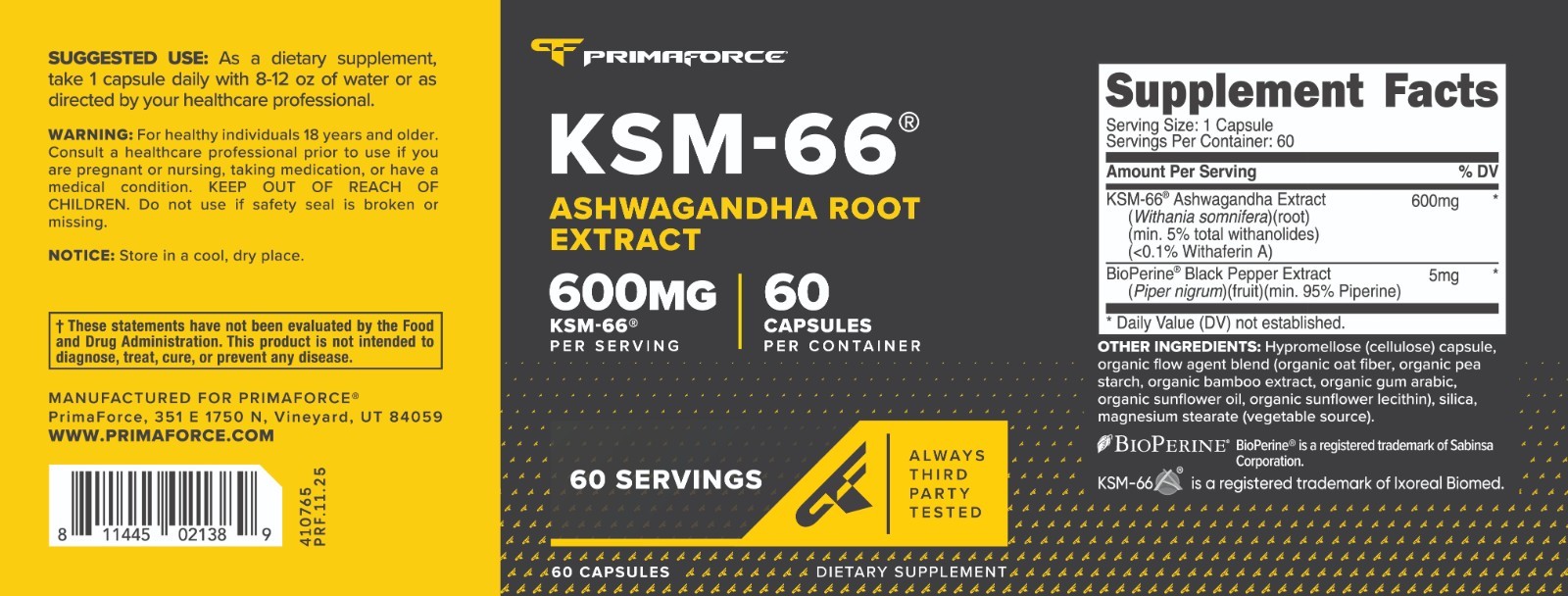 PrimaForce KSM-66 Ashwagandha Root Extract 600mg, 60 Capsules