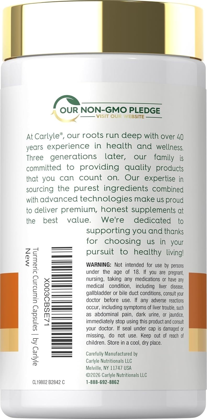 Carlyle Turmeric Curcumin with Black Pepper | 180 Capsules | Non-GMO