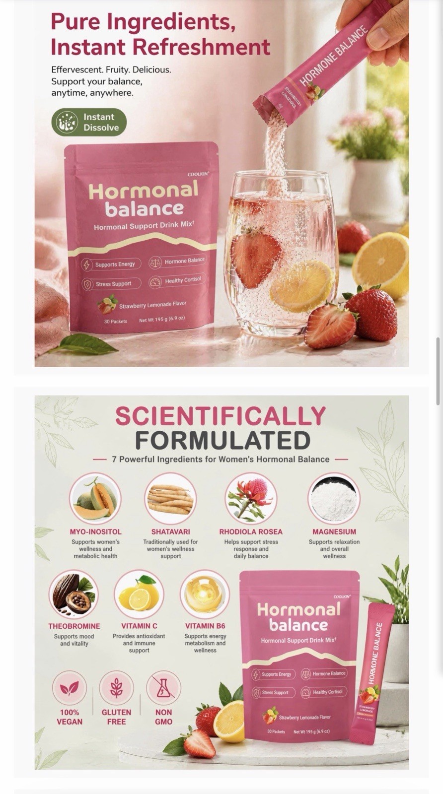 COOLKIN Hormonal Support Drink Mix Strawberry Lemonade 30ct 195g Vegan