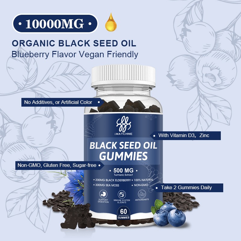 Black Seed Oil 500mg Gummies – with Elderberry, Sea Moss & Ashwagandha, 120ct